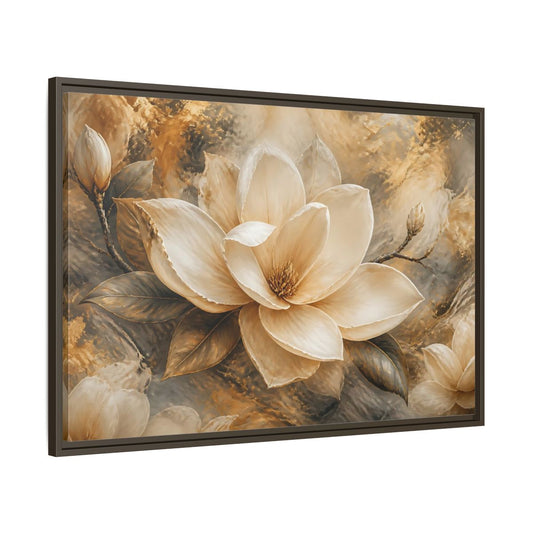 Main Mockup. Gilded Ivory Magnolia shown as framed canvas print