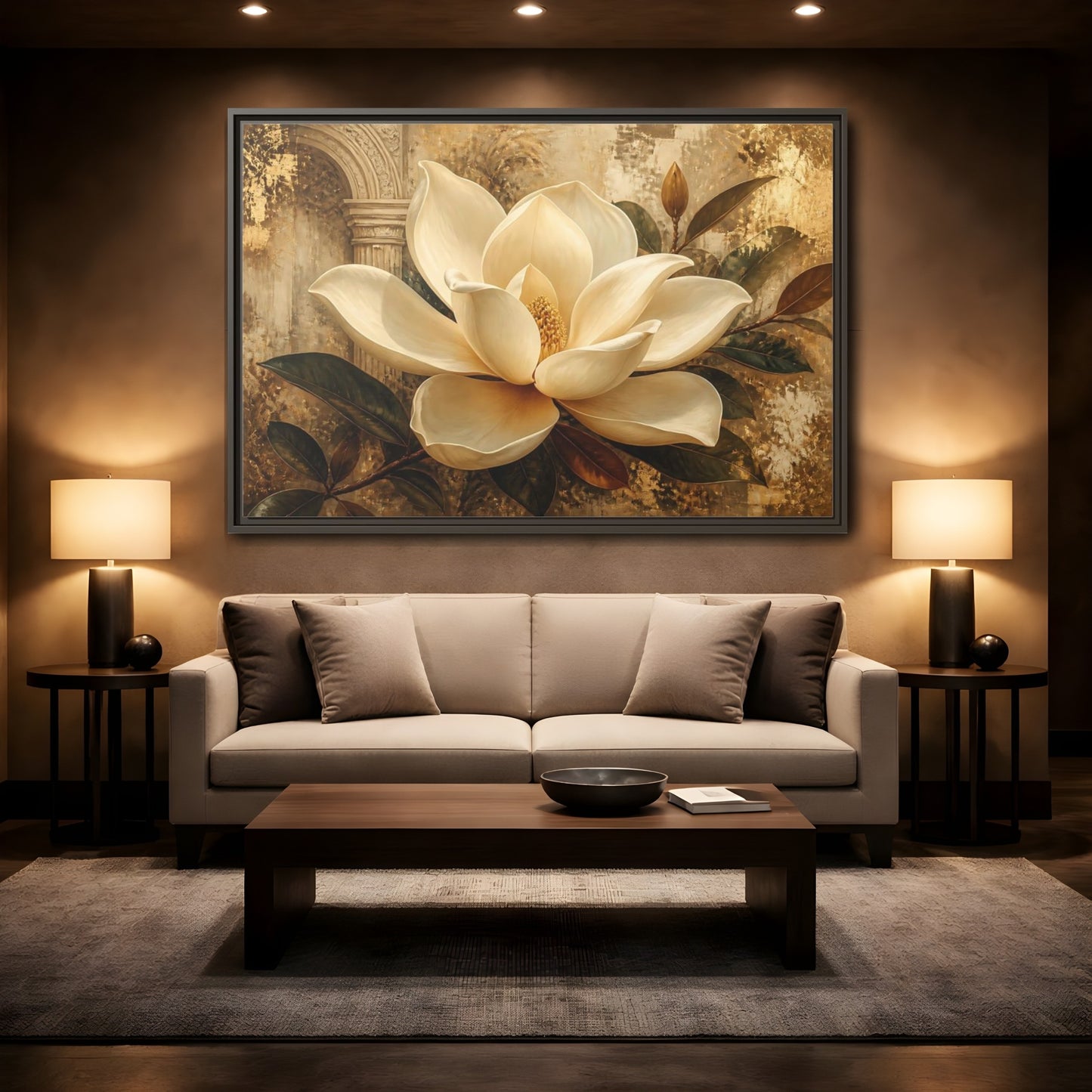 Mockup 2. Gilded Ivory Magnolia shown as framed canvas print
