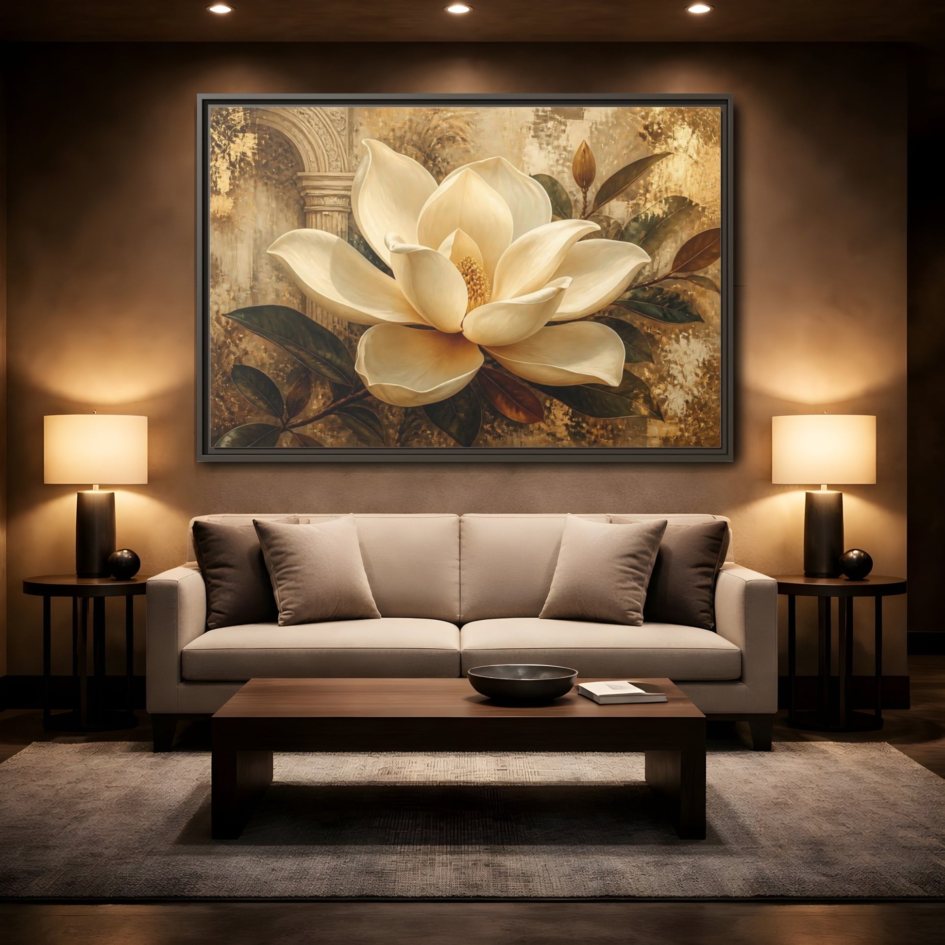 Mockup 2. Gilded Ivory Magnolia shown as framed canvas print