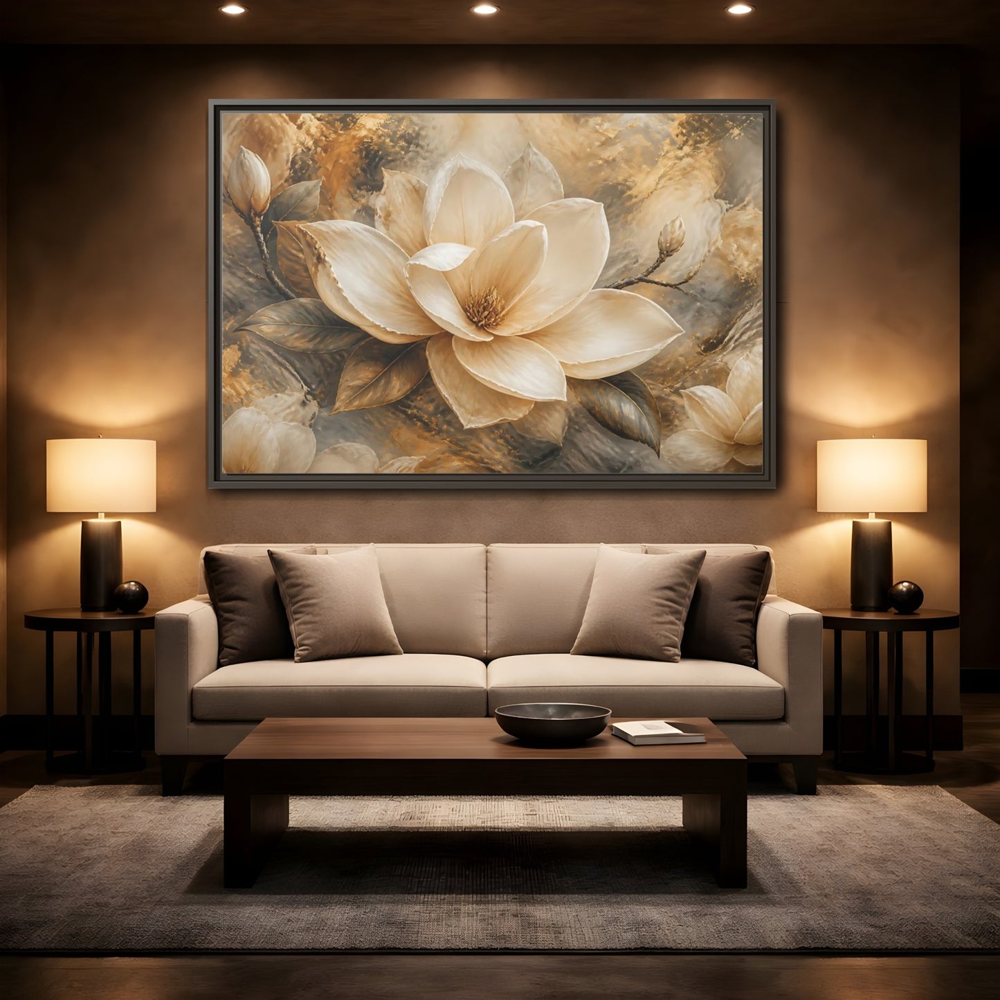 Mockup 2. Gilded Ivory Magnolia shown as framed canvas print