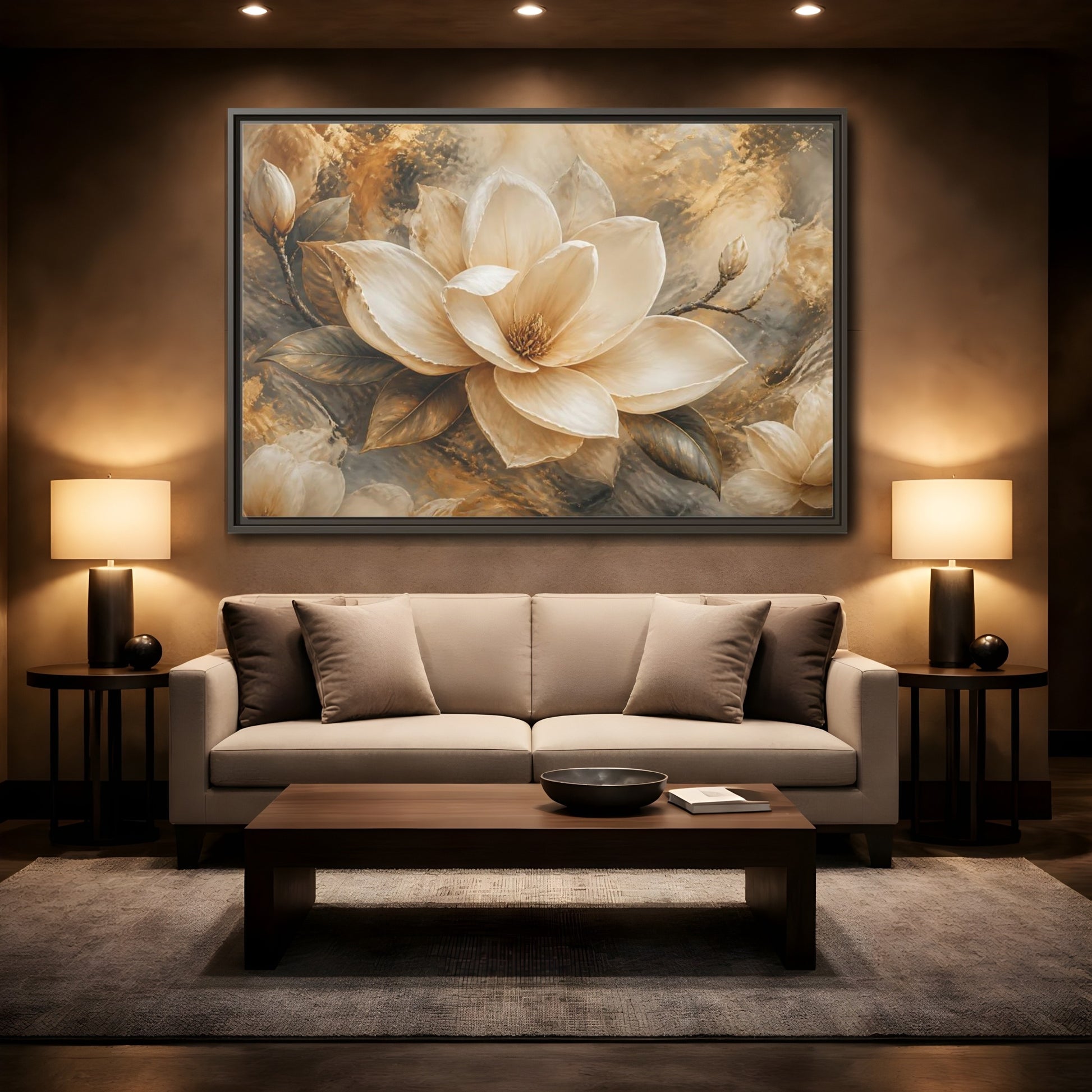 Mockup 2. Gilded Ivory Magnolia shown as framed canvas print