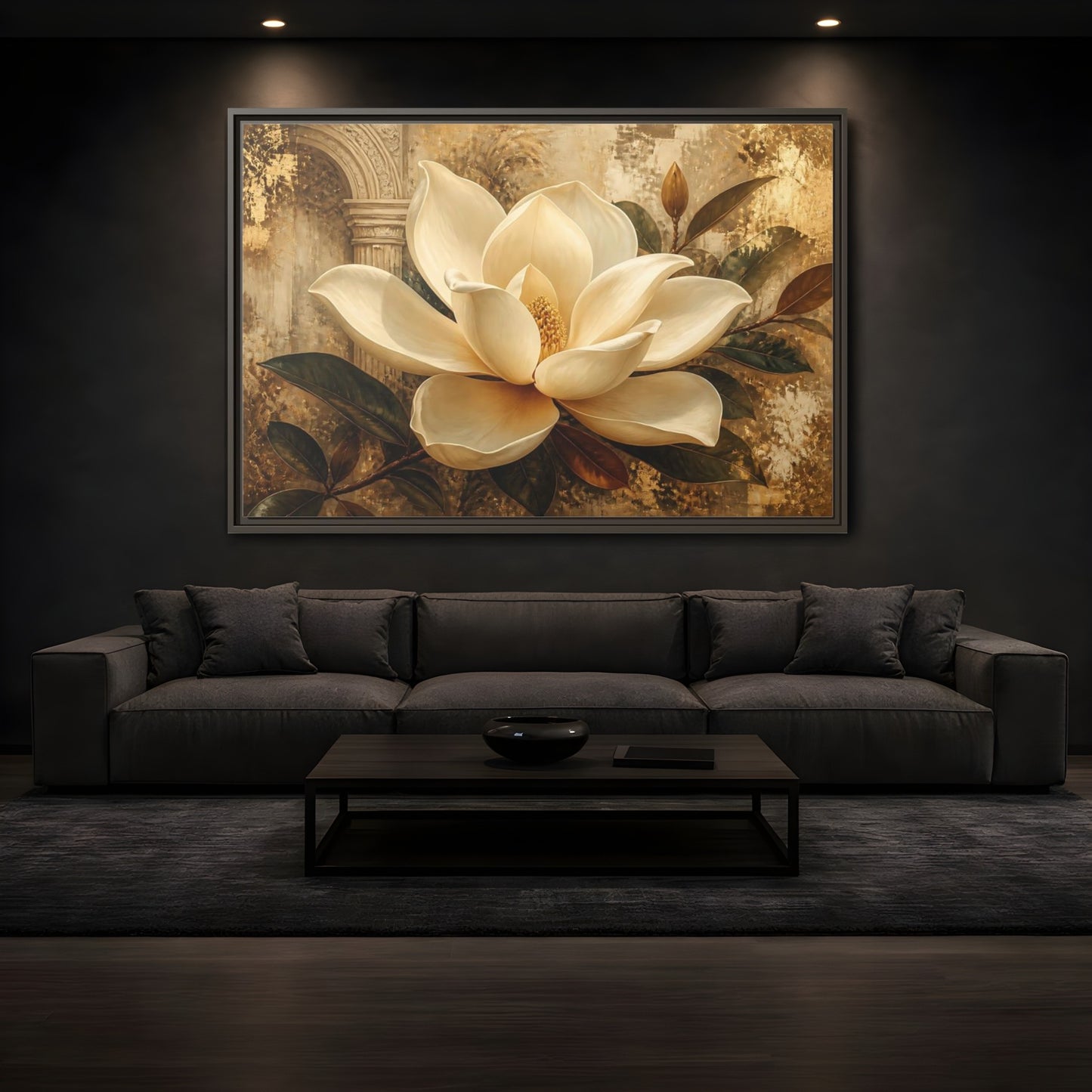 Mockup 3. Gilded Ivory Magnolia shown as framed canvas print