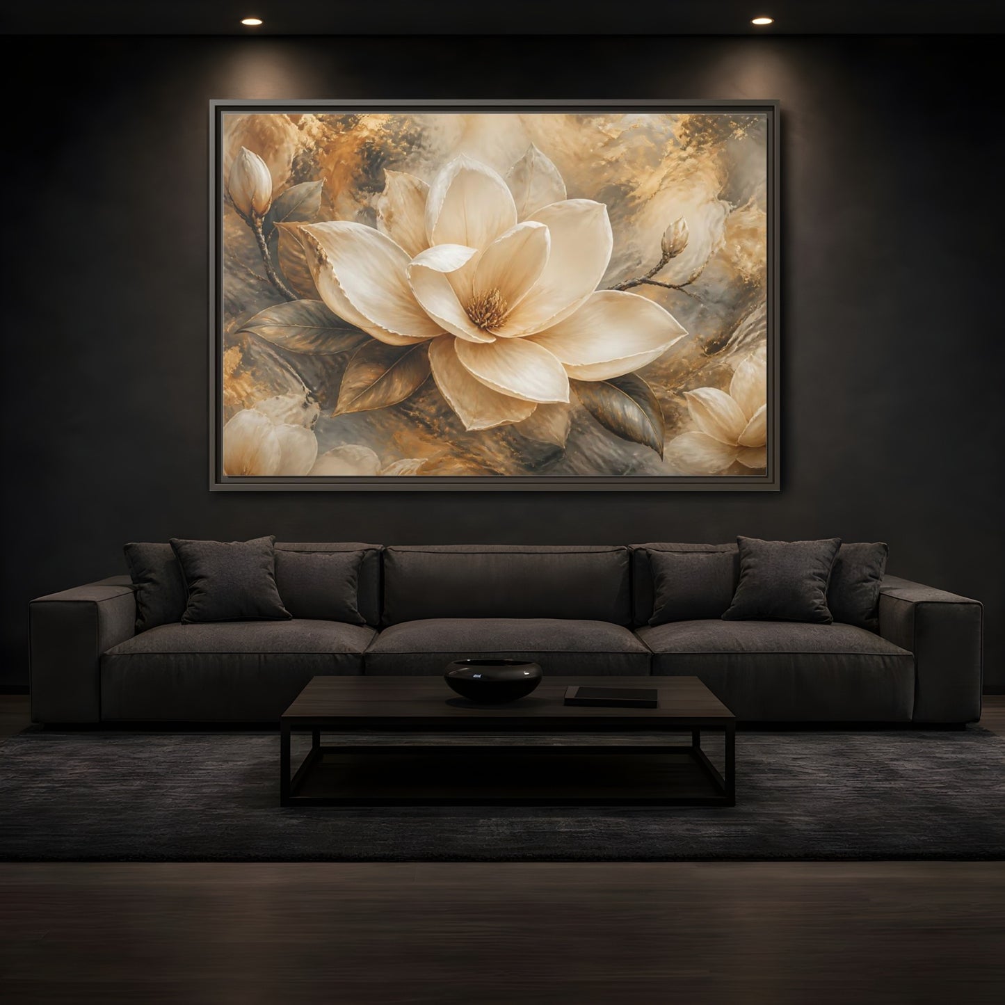 Mockup 3. Gilded Ivory Magnolia shown as framed canvas print