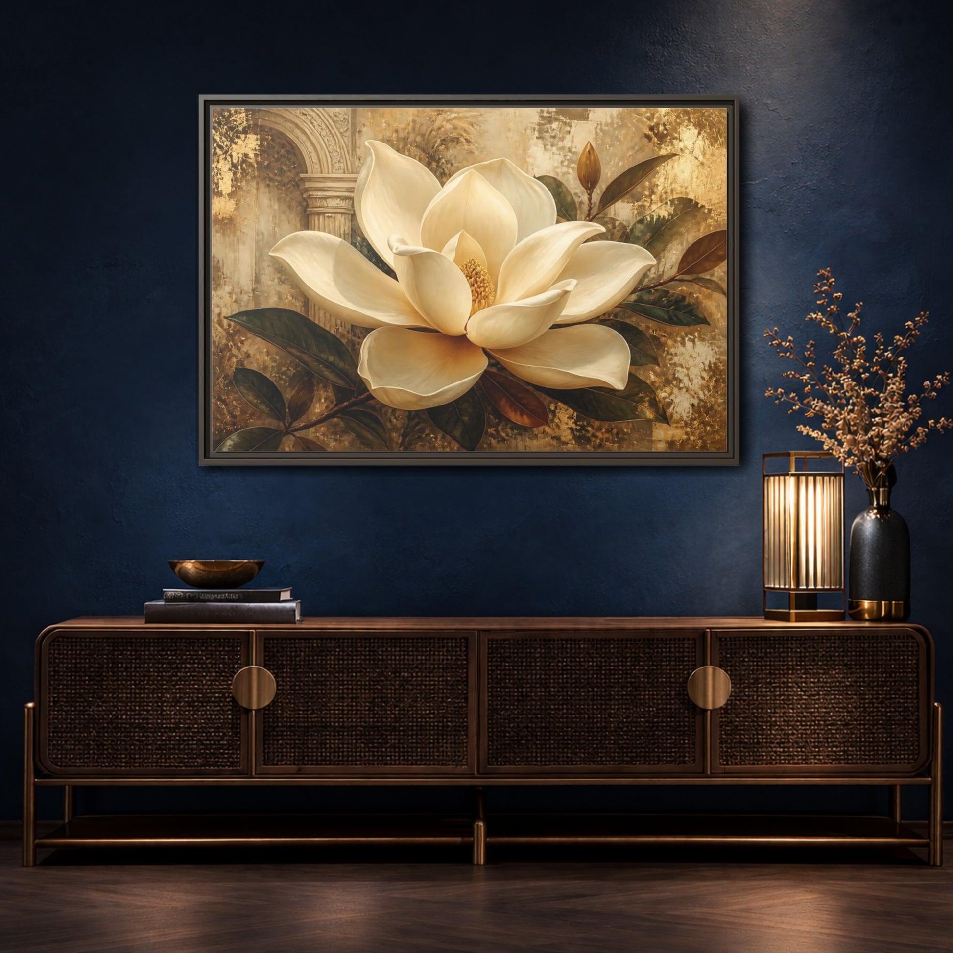 Mockup 4. Gilded Ivory Magnolia shown as framed canvas print