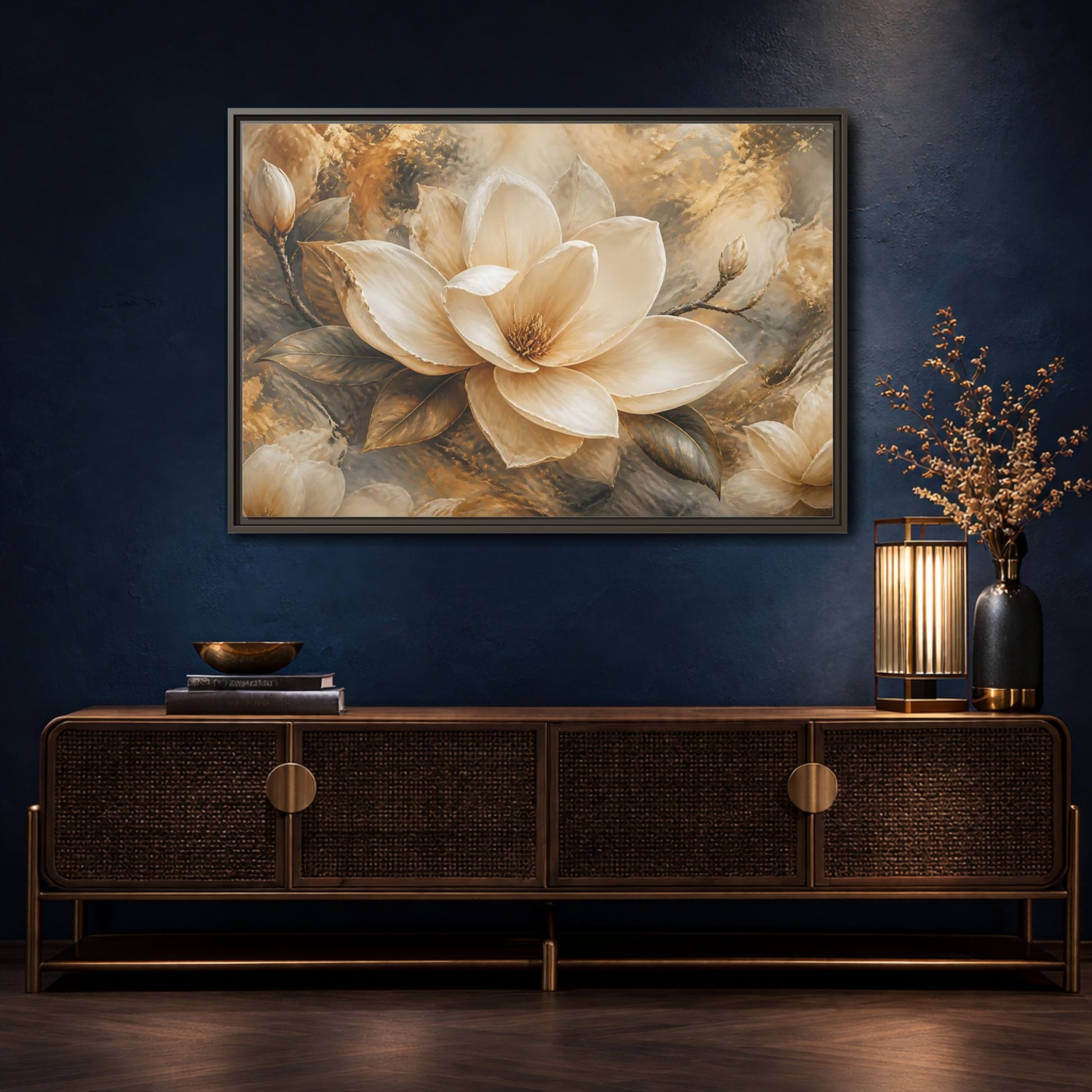 Mockup 4. Gilded Ivory Magnolia shown as framed canvas print