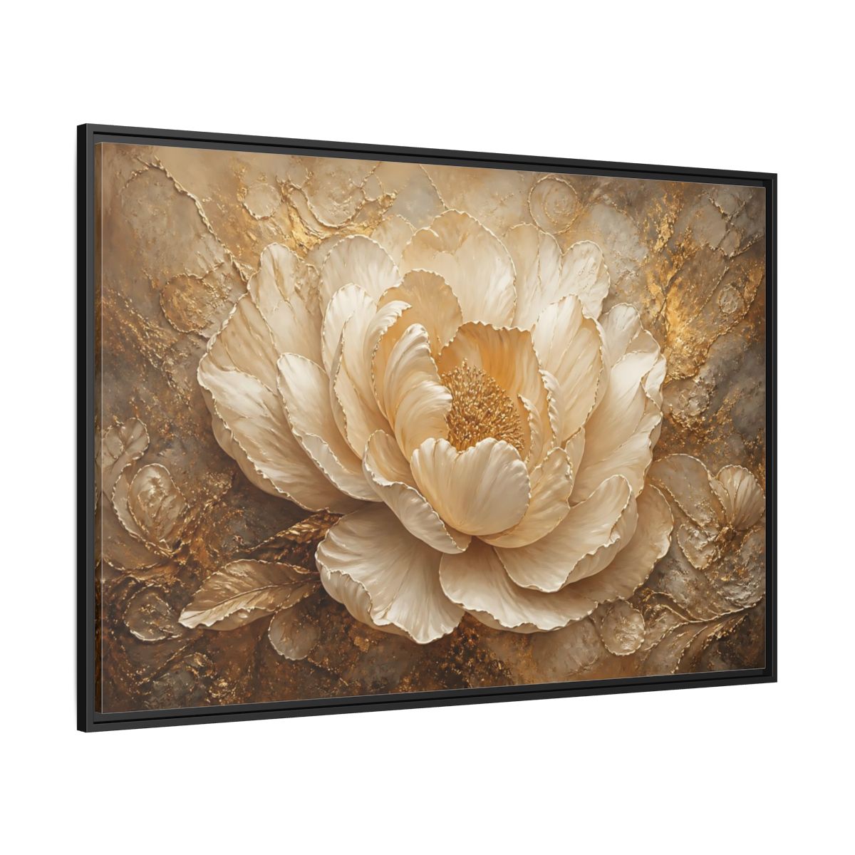Side Mockup 12. Gilded Ivory Peony shown as framed canvas print