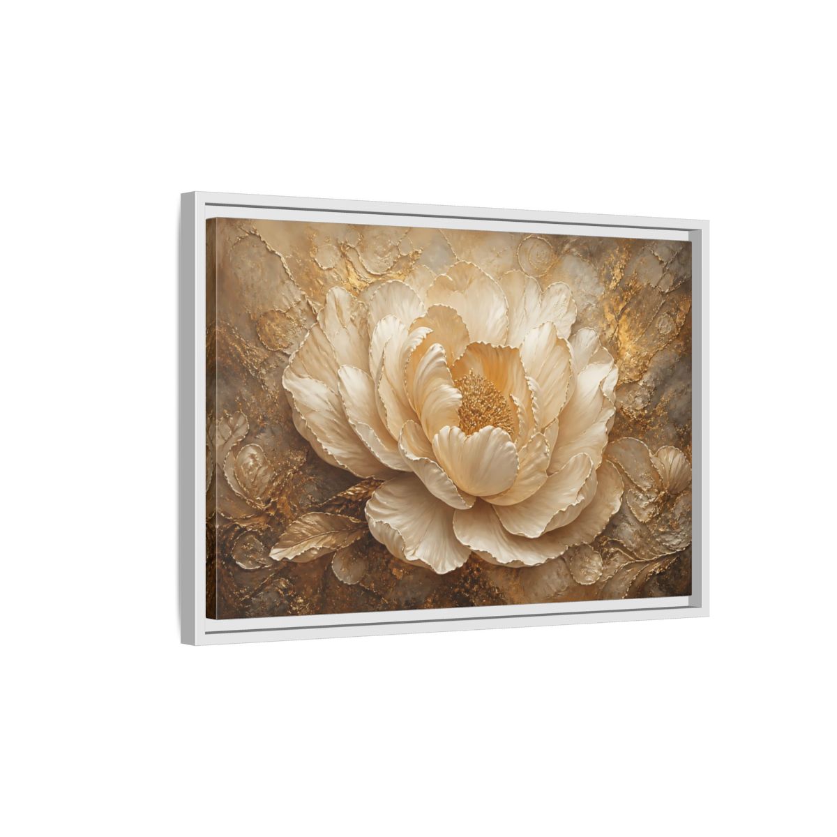 Side Mockup 1. Gilded Ivory Peony shown as framed canvas print