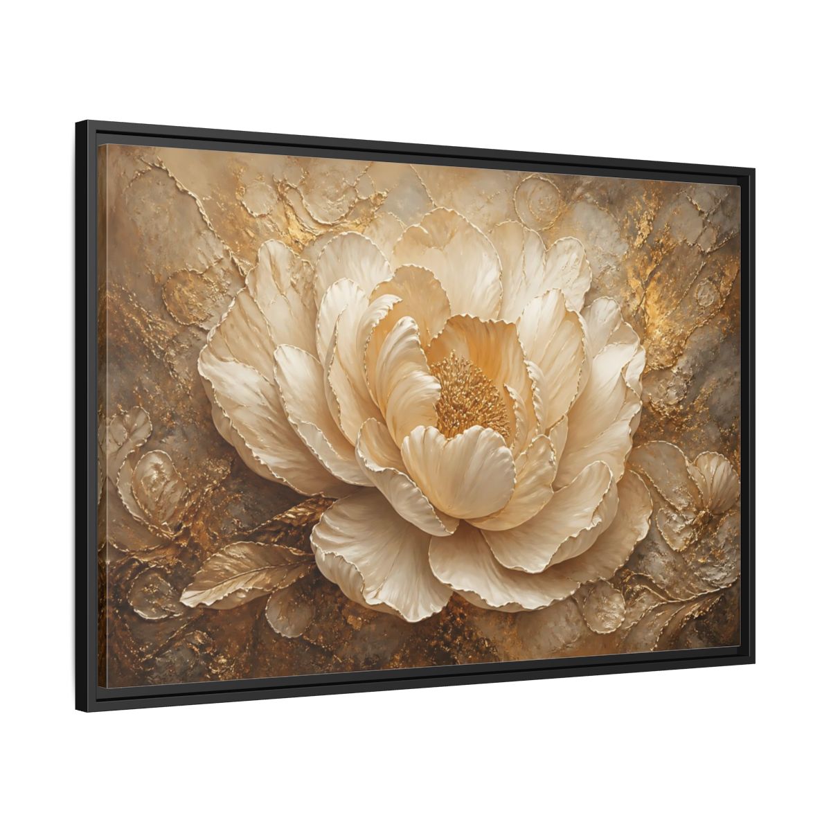 Side Mockup 13. Gilded Ivory Peony shown as framed canvas print