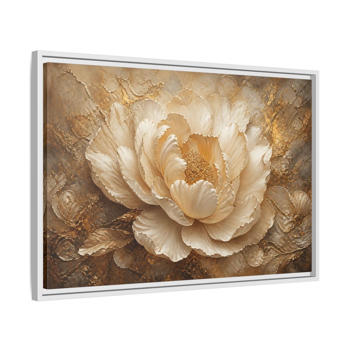 Side Mockup 10. Gilded Ivory Peony shown as framed canvas print