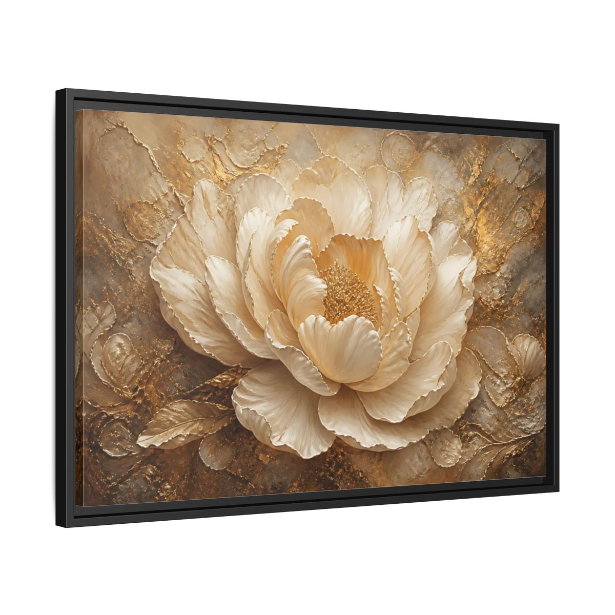 Side Mockup 14. Gilded Ivory Peony shown as framed canvas print