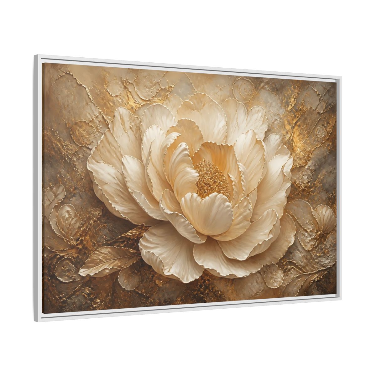 Side Mockup 7. Gilded Ivory Peony shown as framed canvas print