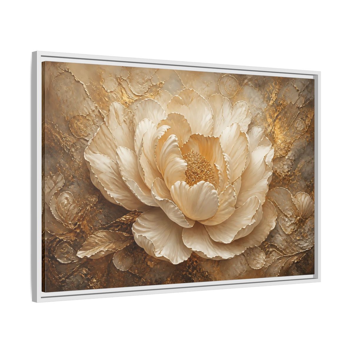 Side Mockup 9. Gilded Ivory Peony shown as framed canvas print