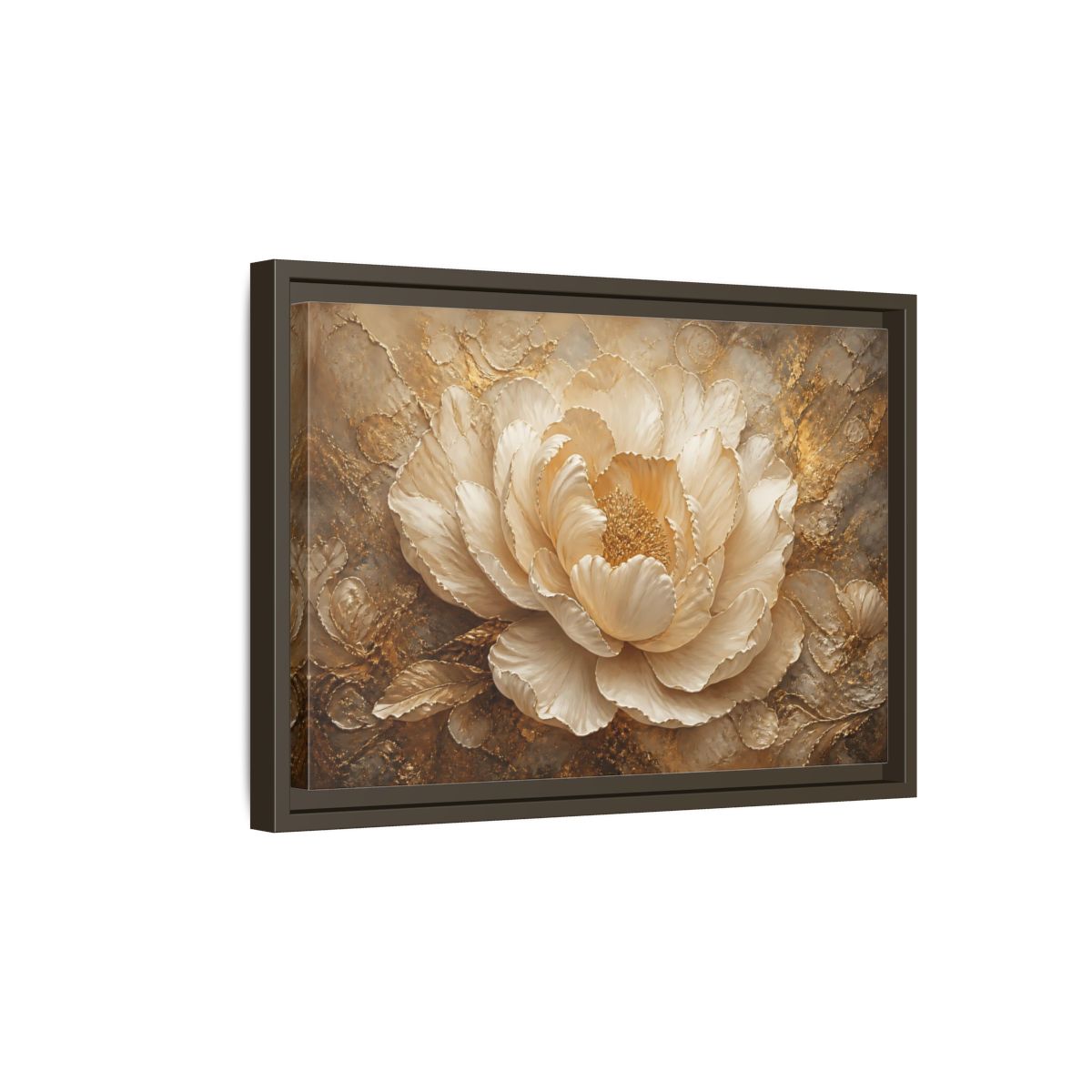 Side Mockup 5. Gilded Ivory Peony shown as framed canvas print