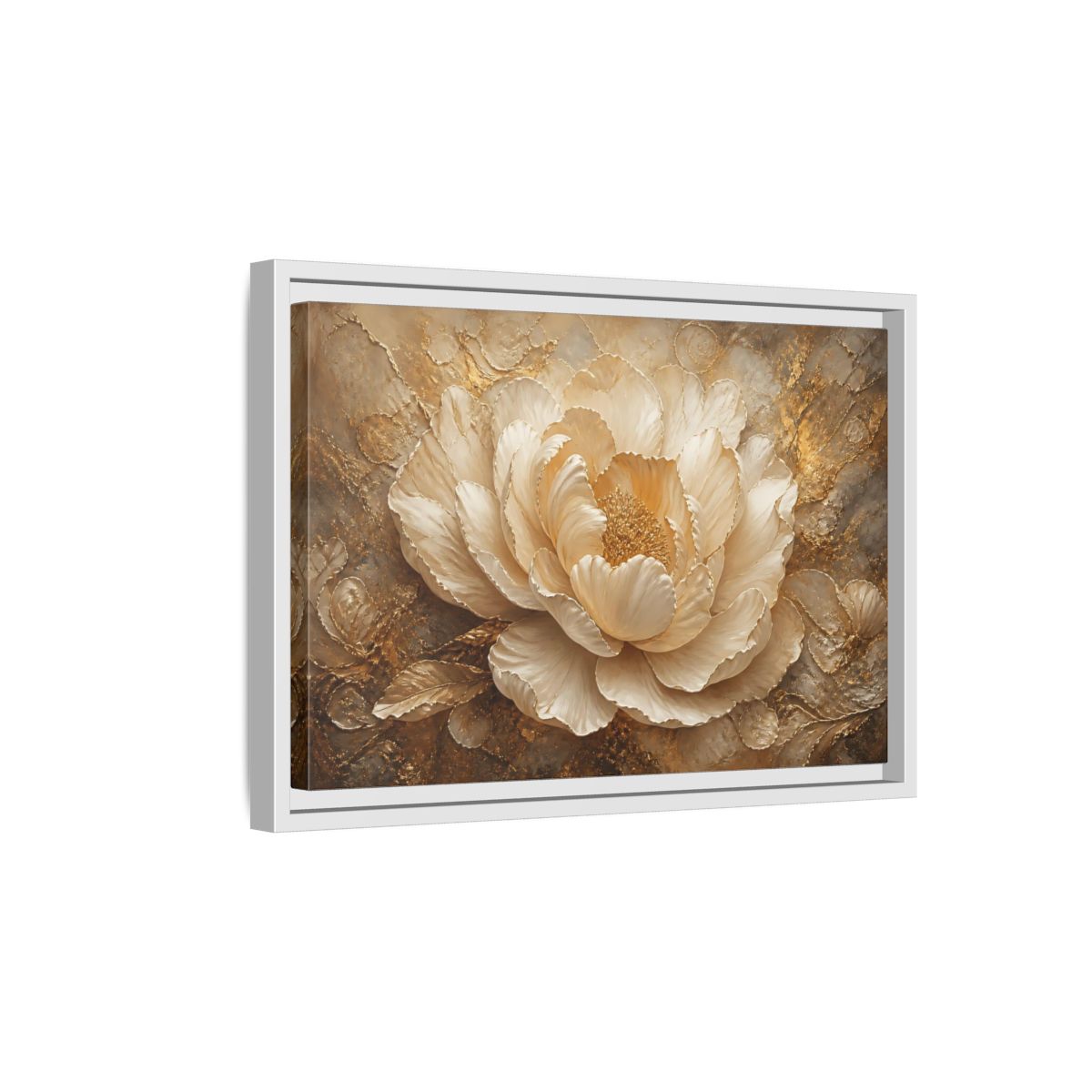 Side Mockup 4. Gilded Ivory Peony shown as framed canvas print