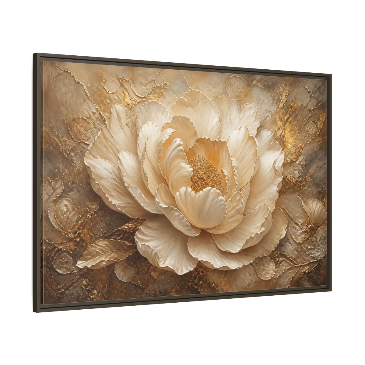 Side Mockup 8. Gilded Ivory Peony shown as framed canvas print