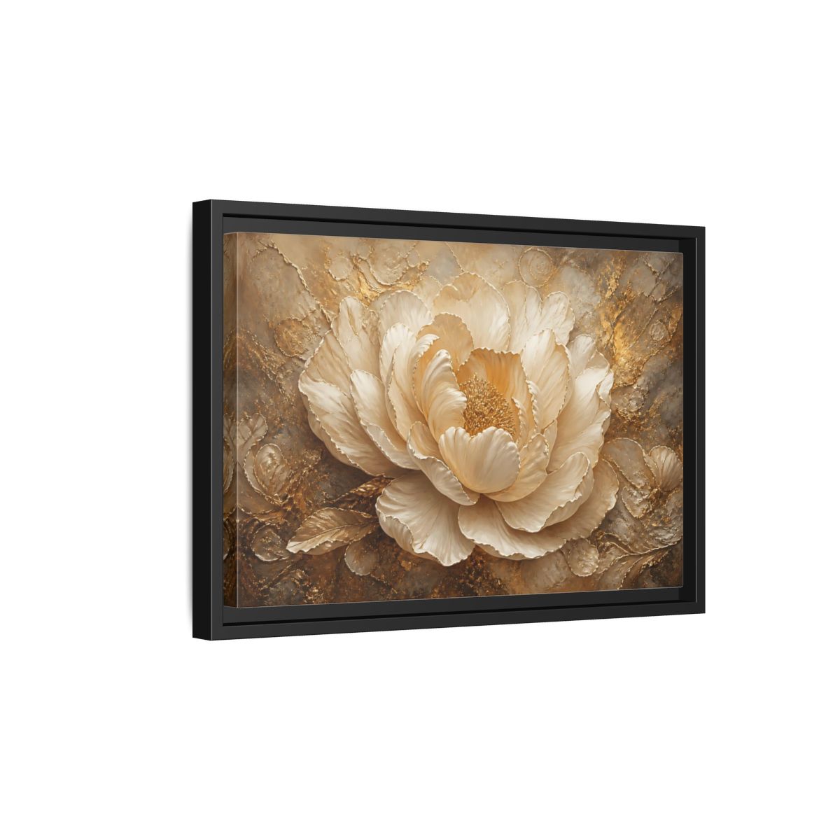 Side Mockup 6. Gilded Ivory Peony shown as framed canvas print