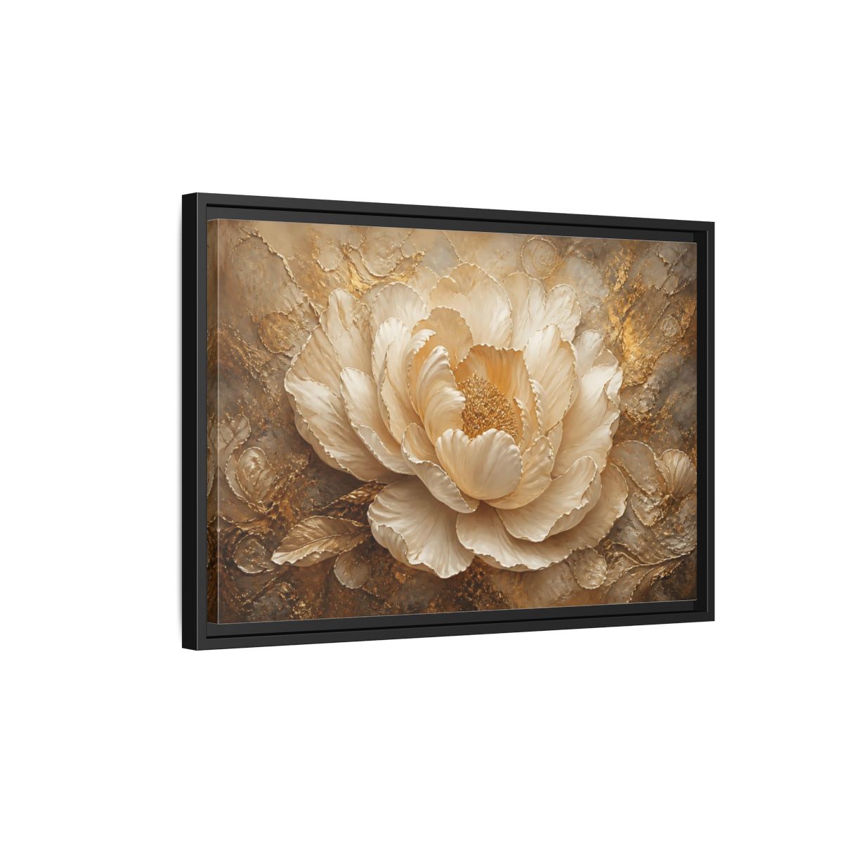 Side Mockup 3. Gilded Ivory Peony shown as framed canvas print