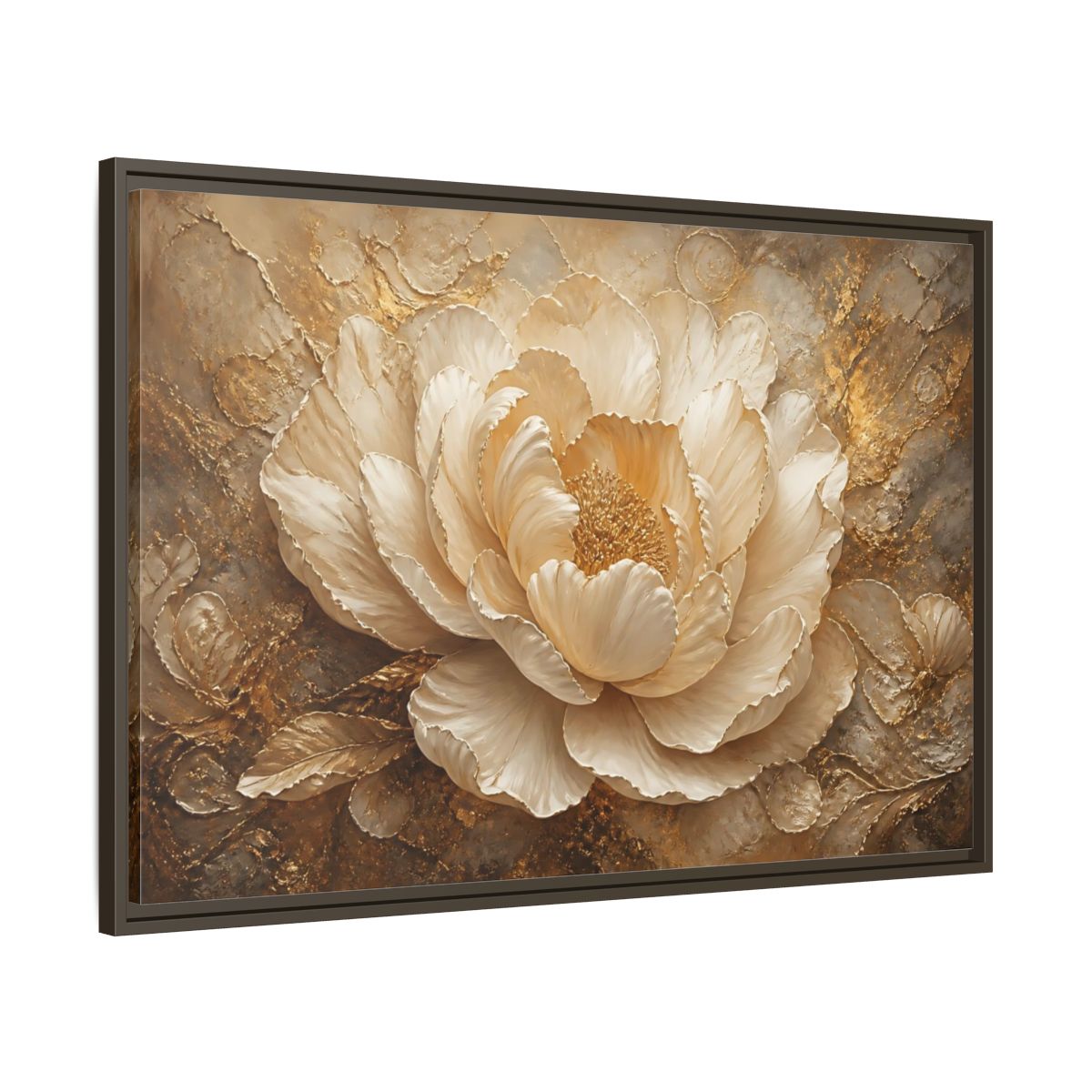 Main Mockup. Gilded Ivory Peony shown as framed canvas print