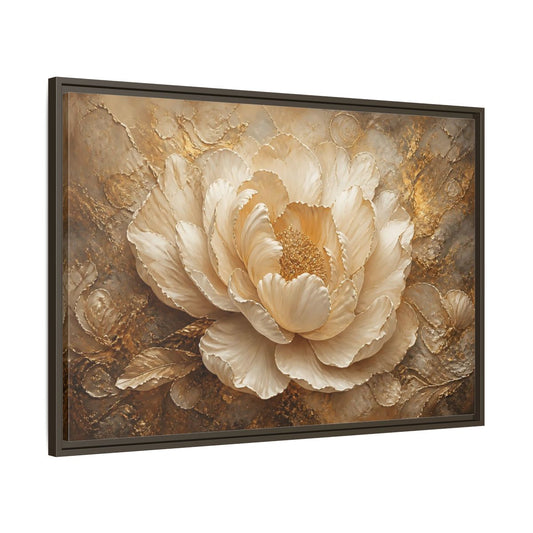 Main Mockup. Gilded Ivory Peony shown as framed canvas print