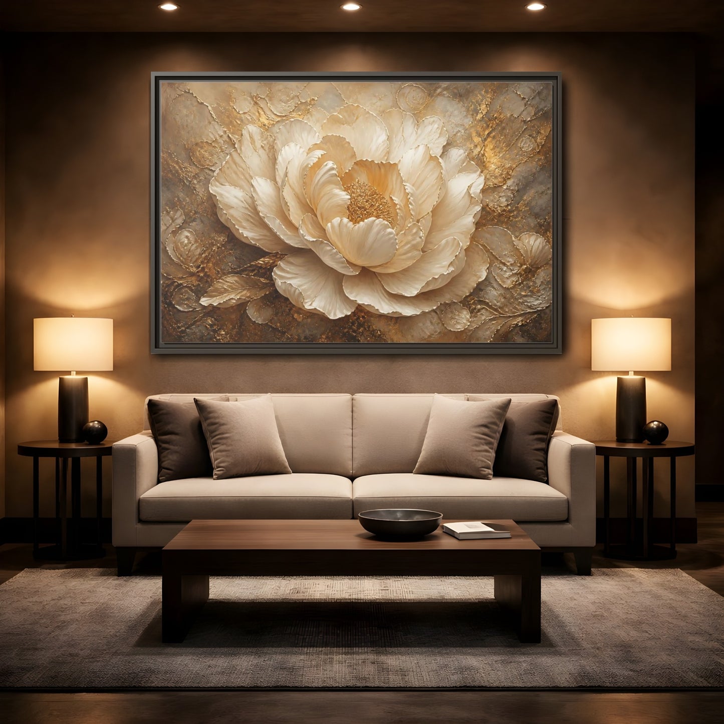 Mockup 2. Gilded Ivory Peony shown as framed canvas print