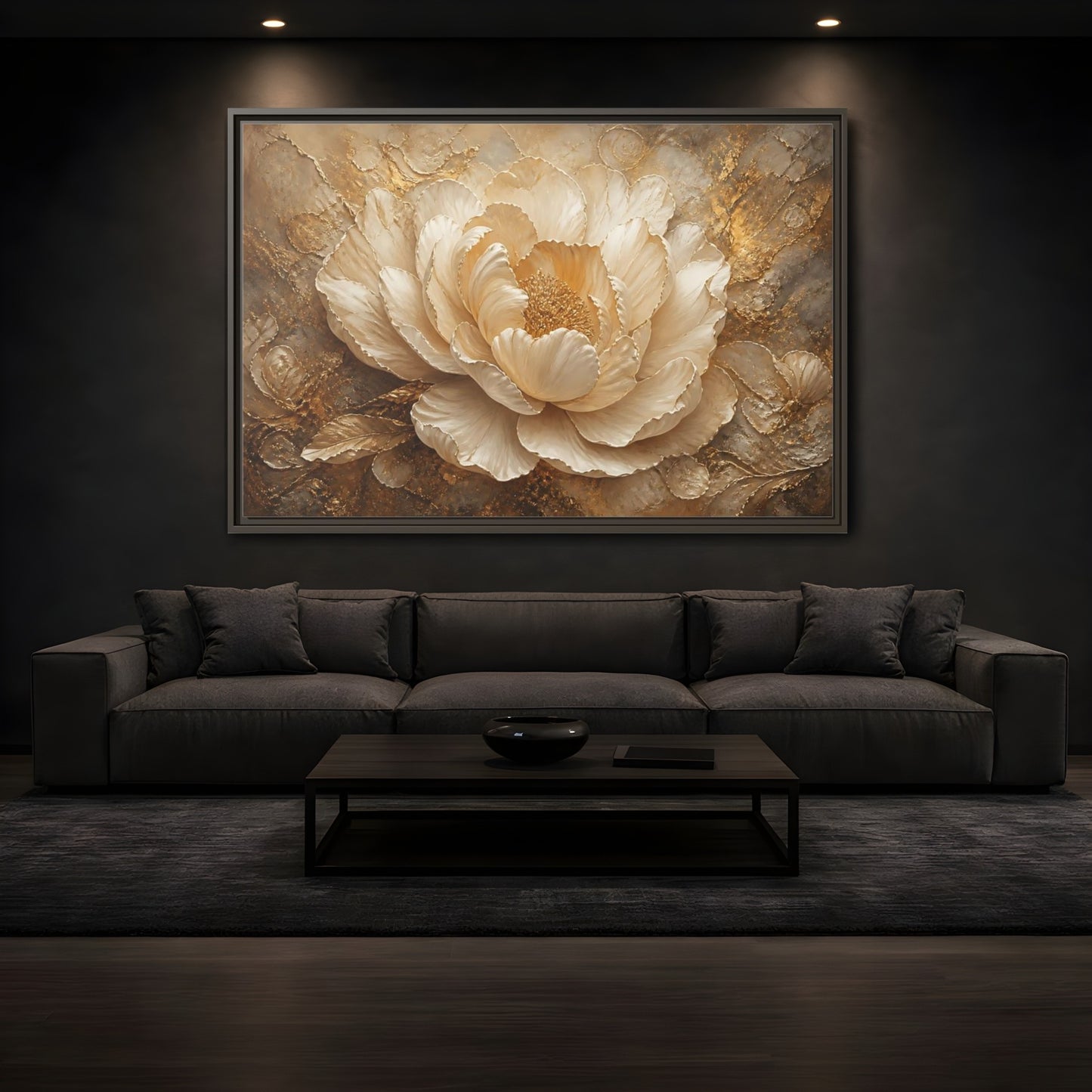 Mockup 3. Gilded Ivory Peony shown as framed canvas print