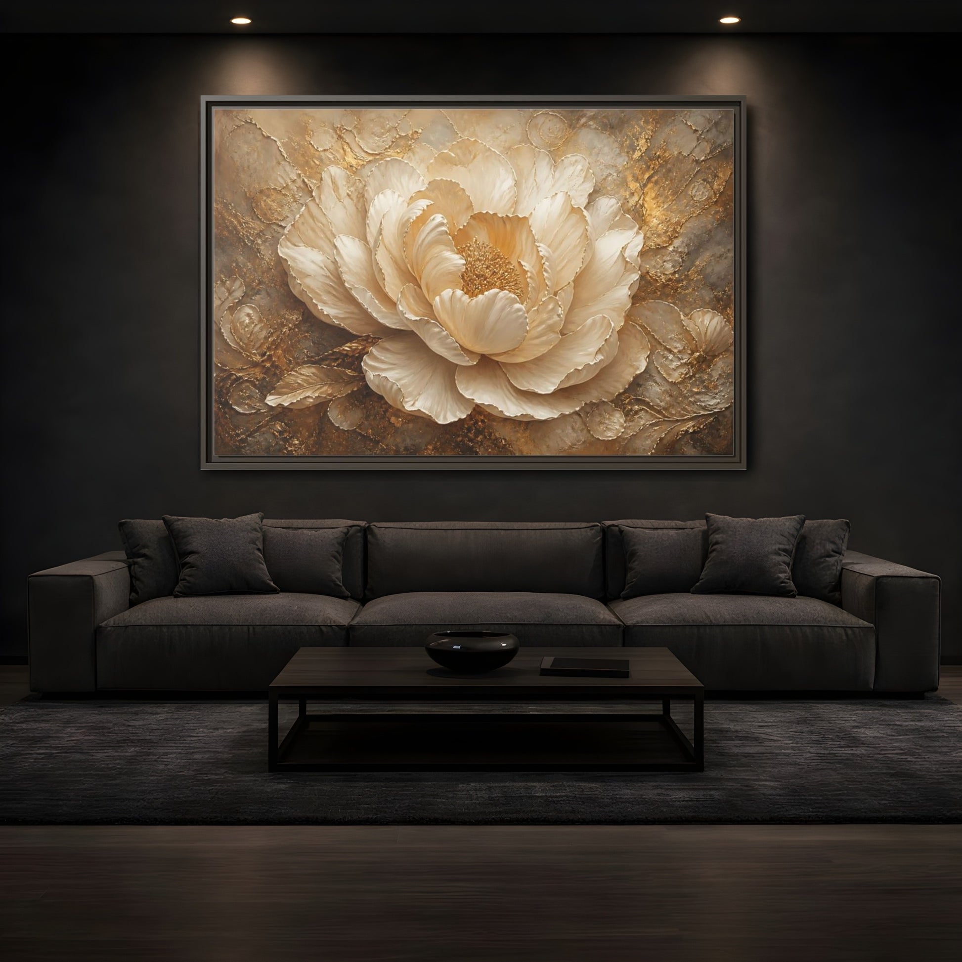 Mockup 3. Gilded Ivory Peony shown as framed canvas print