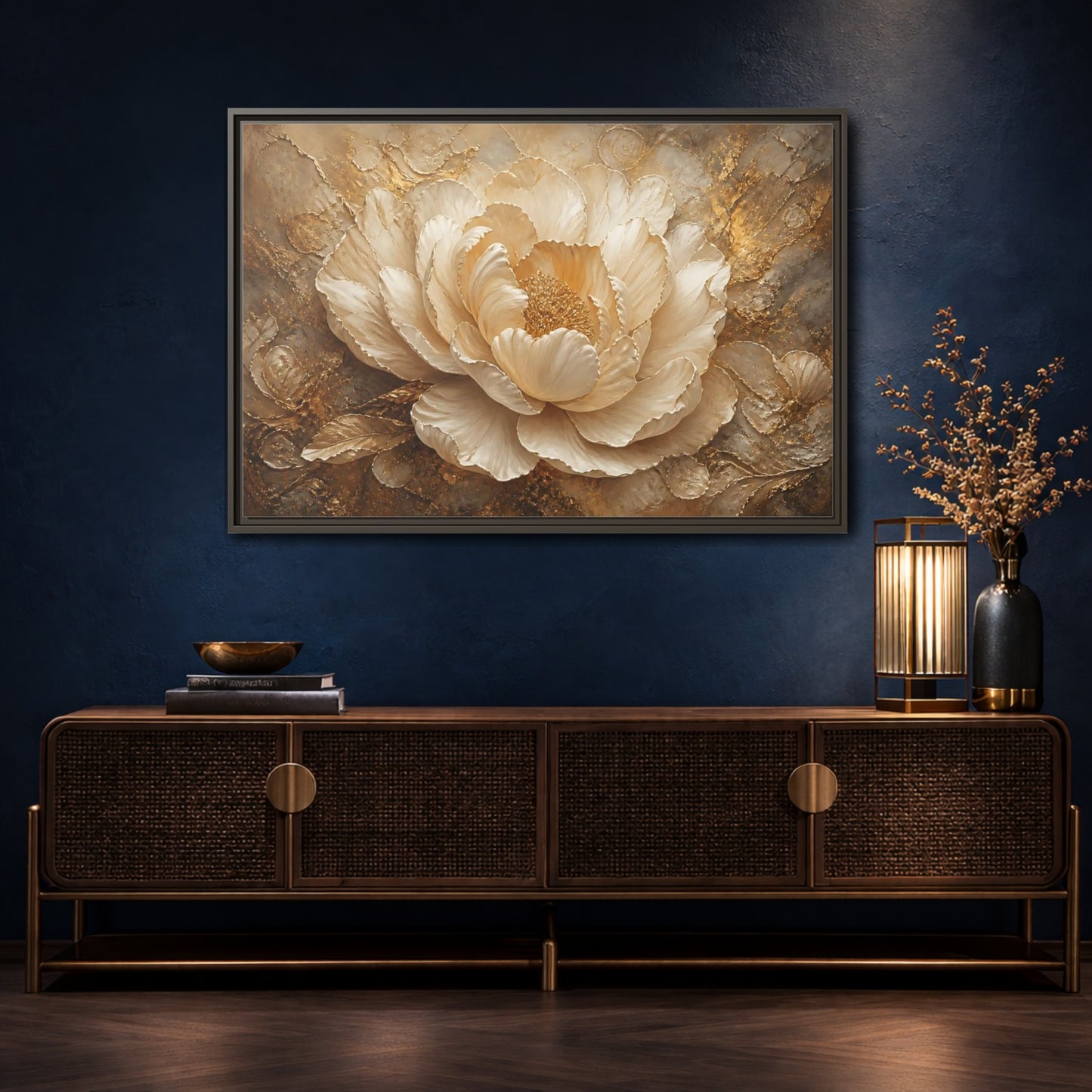 Mockup 4. Gilded Ivory Peony shown as framed canvas print