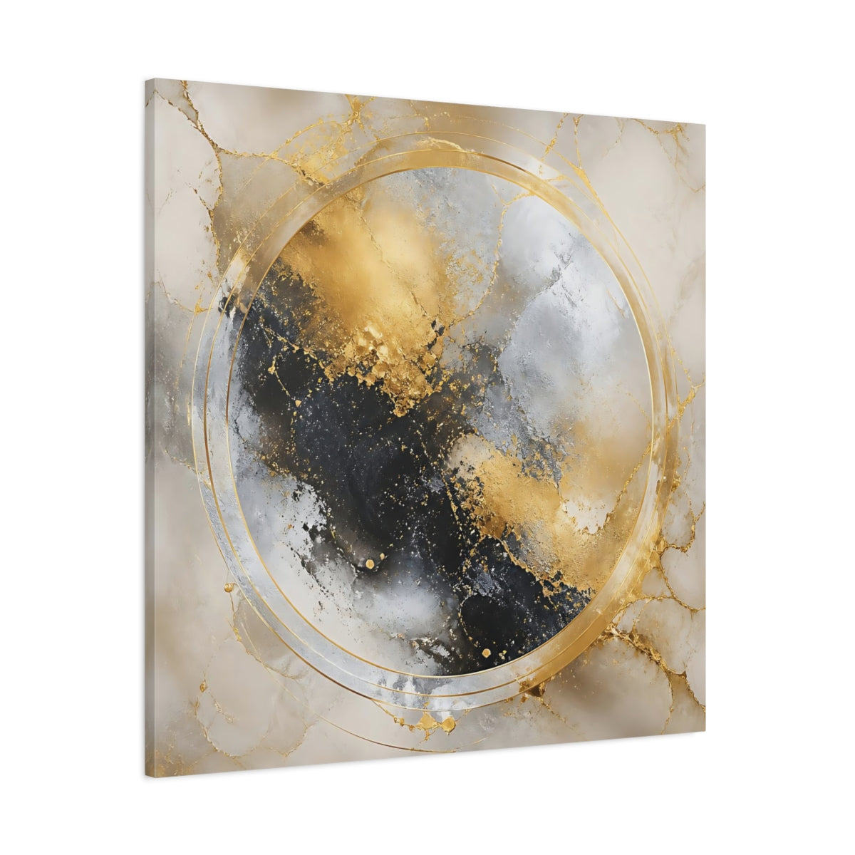 Side Mockup 1. Gilded Marble Circle shown as canvas print