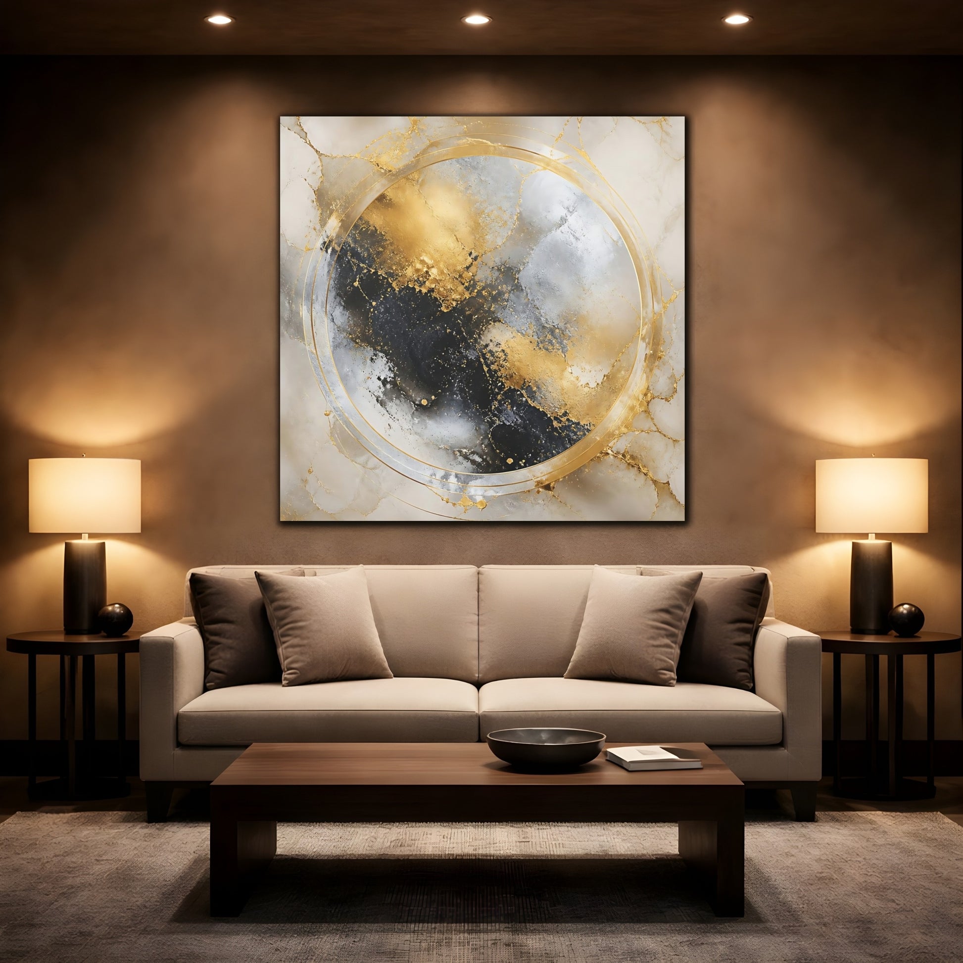Mockup 2. Gilded Marble Circle shown as canvas print