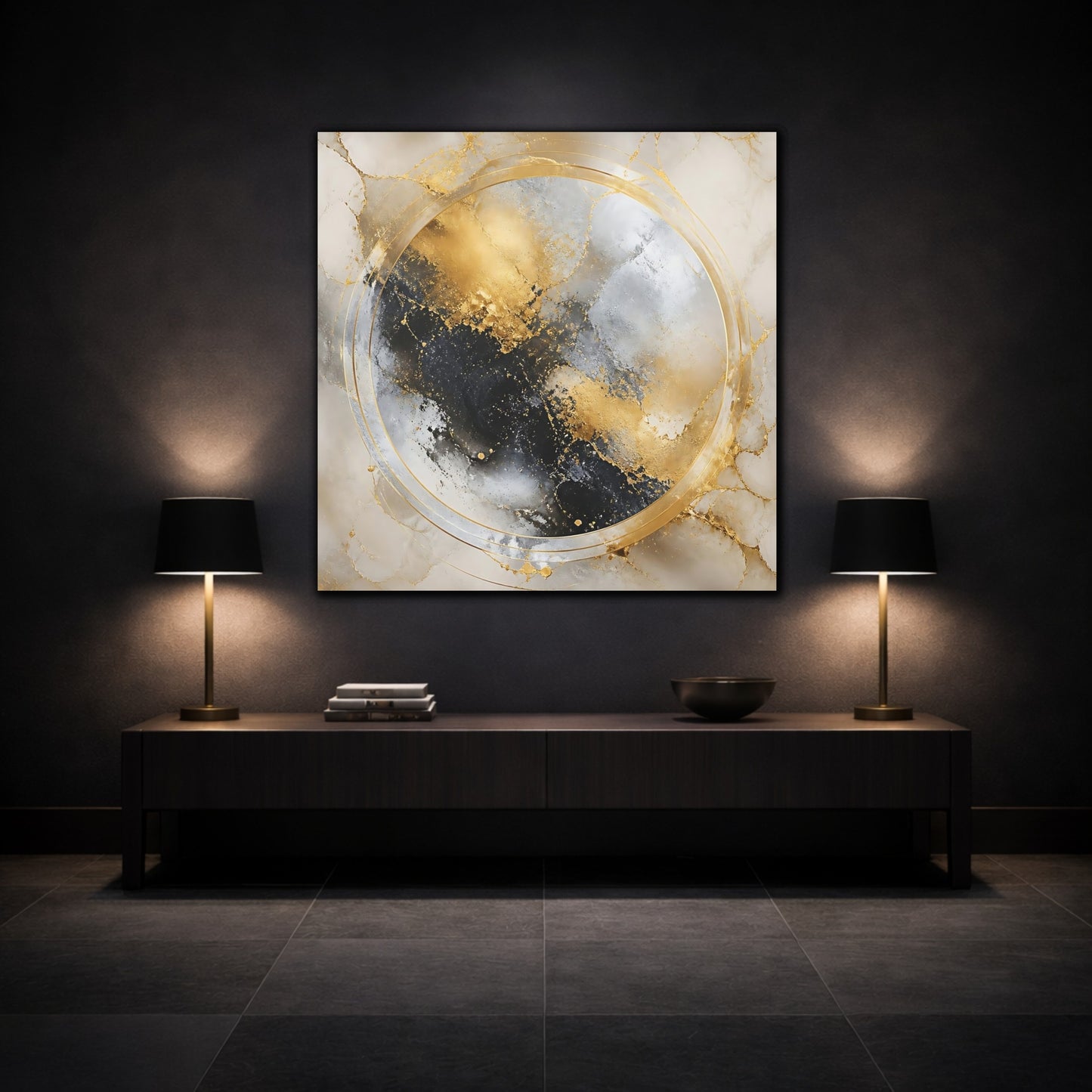 Mockup 3. Gilded Marble Circle shown as canvas print