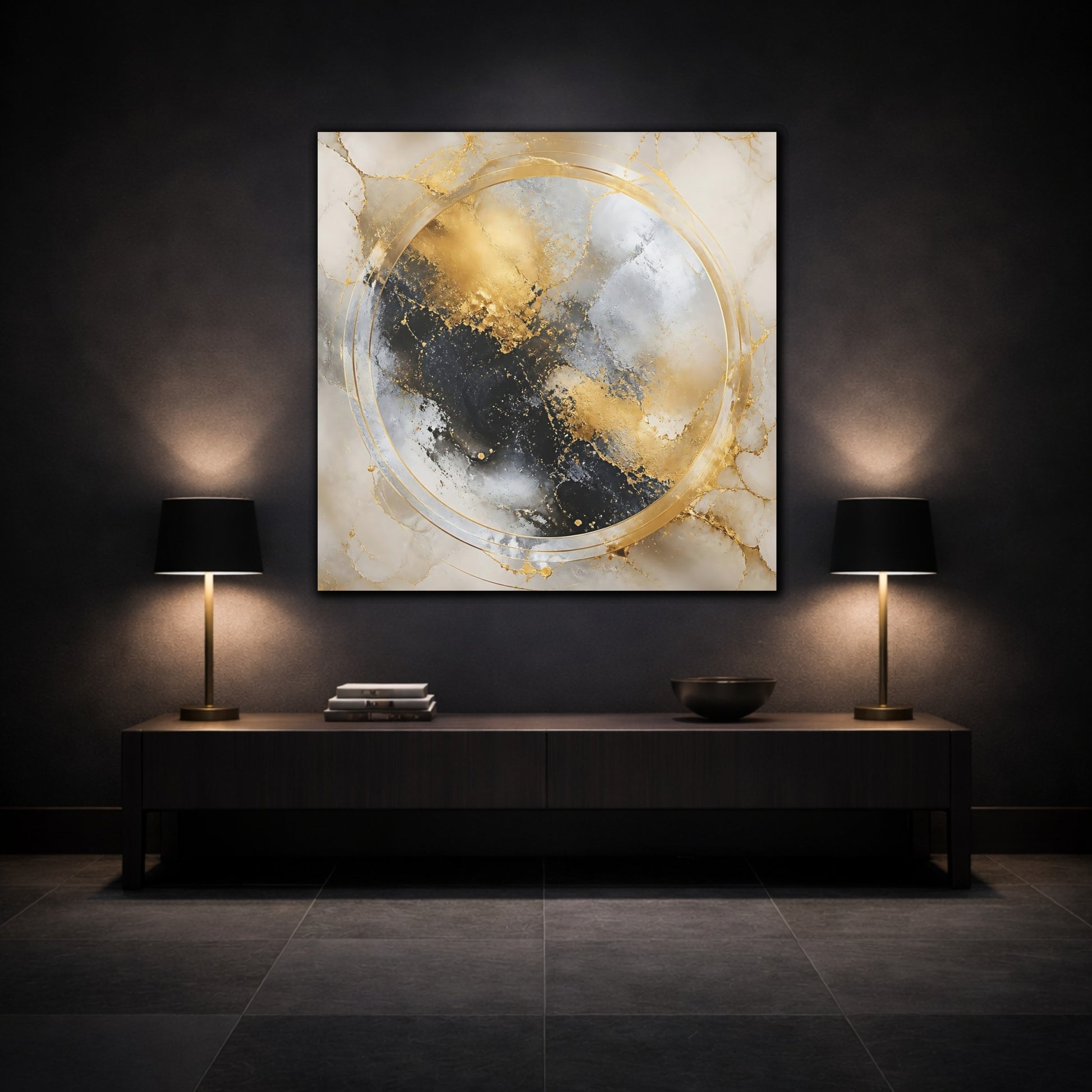 Mockup 3. Gilded Marble Circle shown as canvas print
