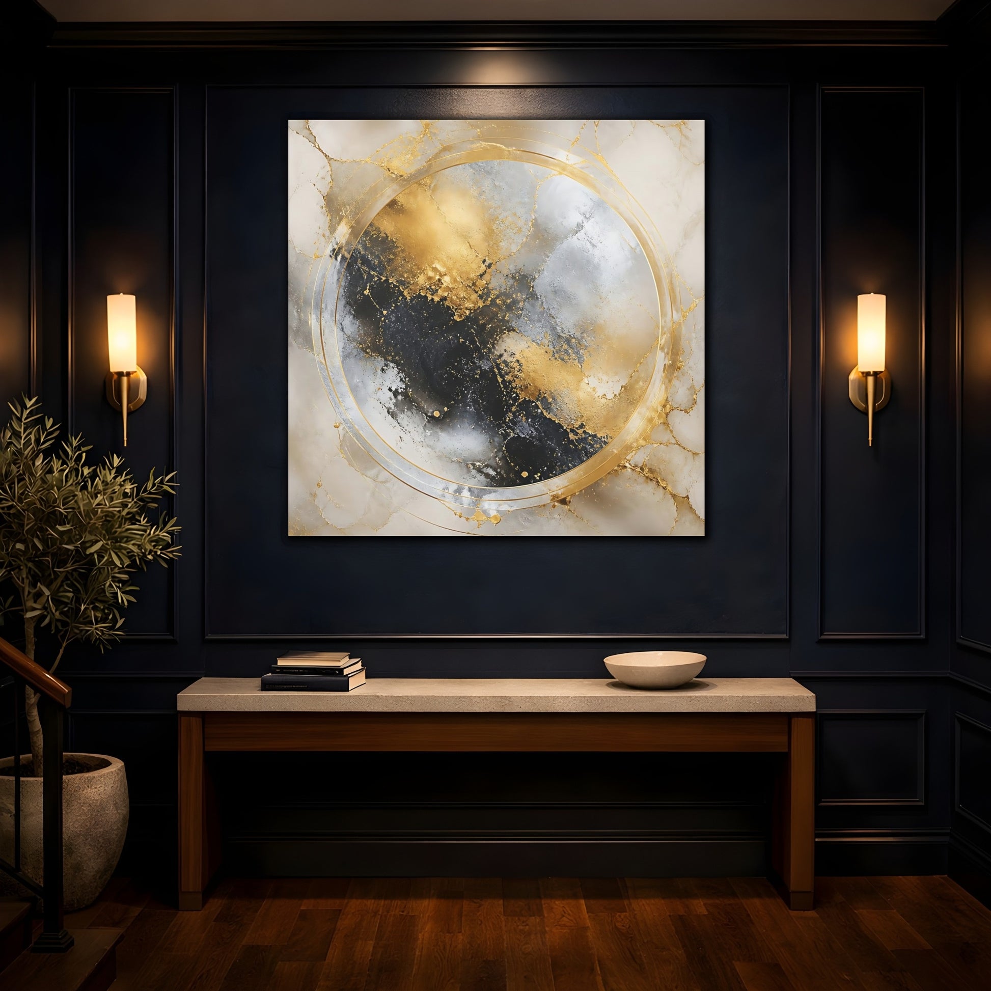 Mockup 4. Gilded Marble Circle shown as canvas print