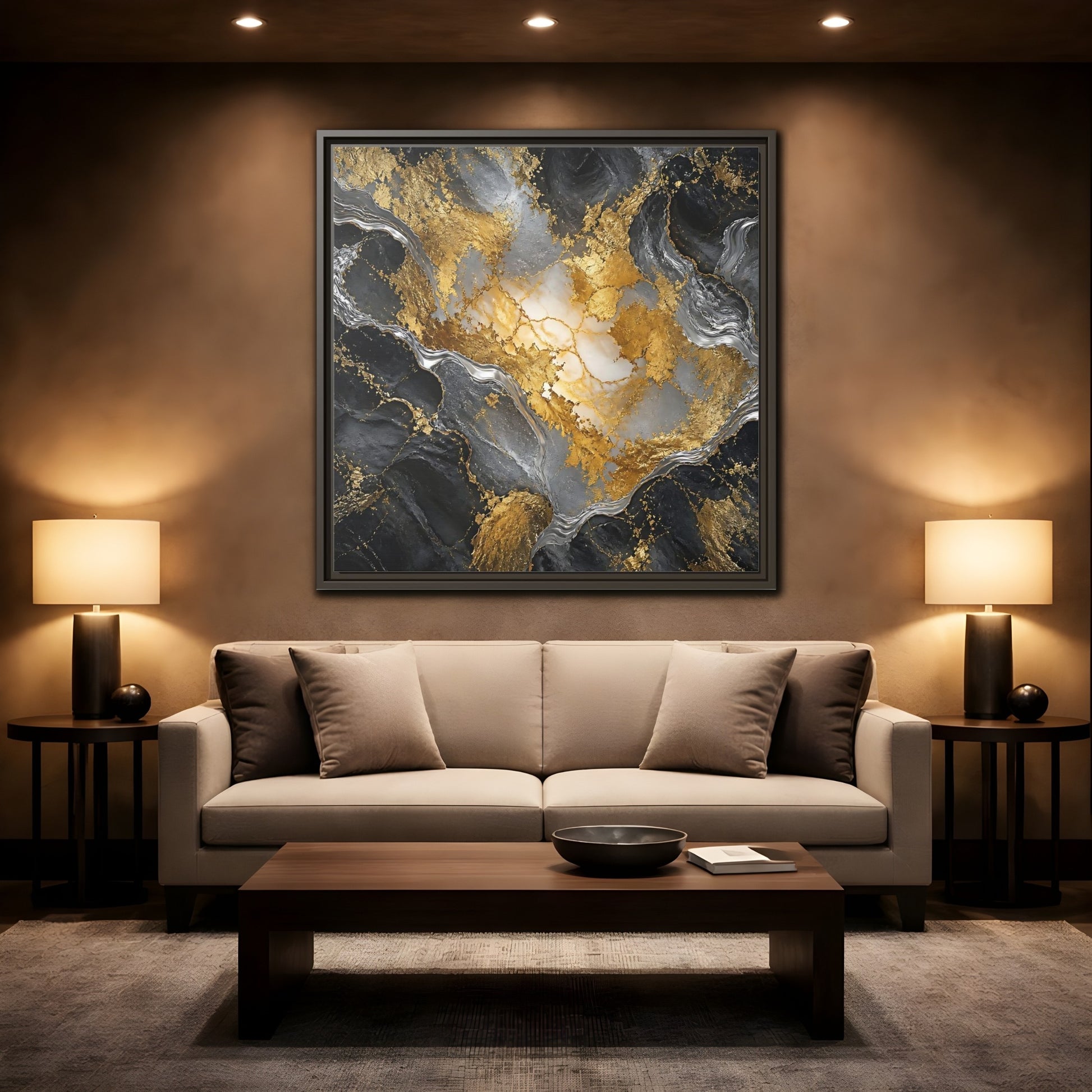 Mockup 2. Gilded Marble Elegance shown as framed canvas print