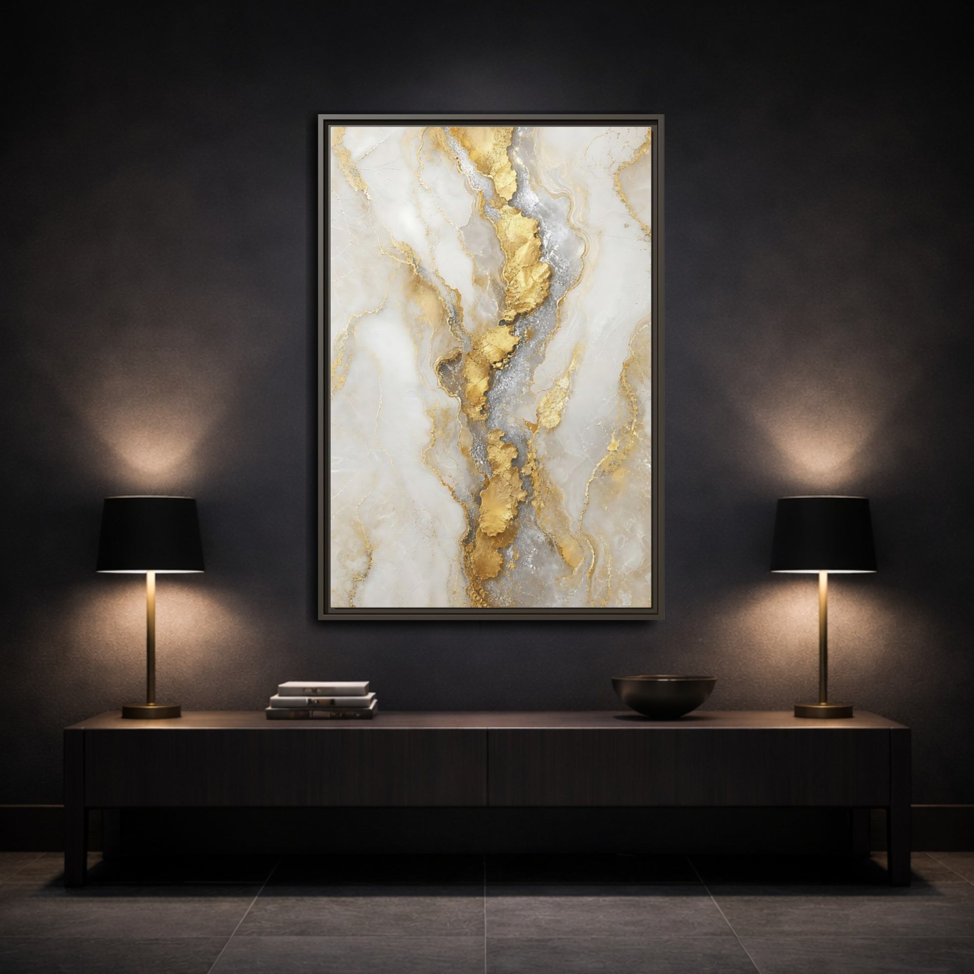 Mockup 3. Gilded Marble Vein shown as framed canvas print