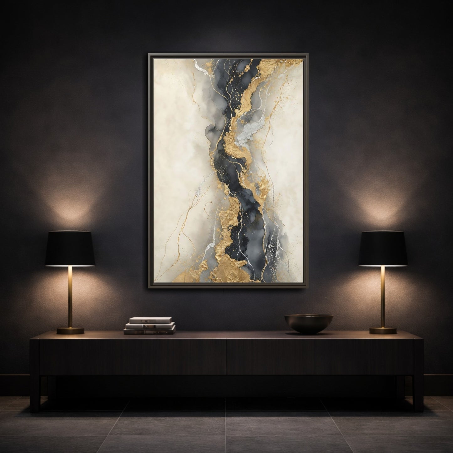 Mockup 3. Gilded Marble Vein shown as framed canvas print