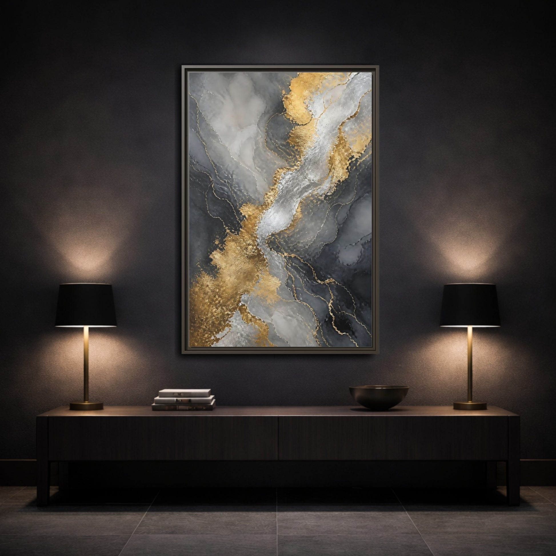 Mockup 3. Gilded Marble Veins shown as framed canvas print