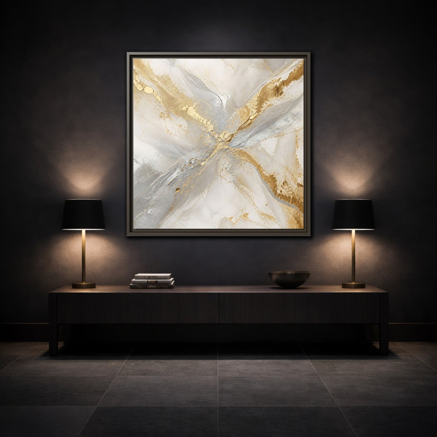 Mockup 3. Gilded Marble Veins shown as framed canvas print