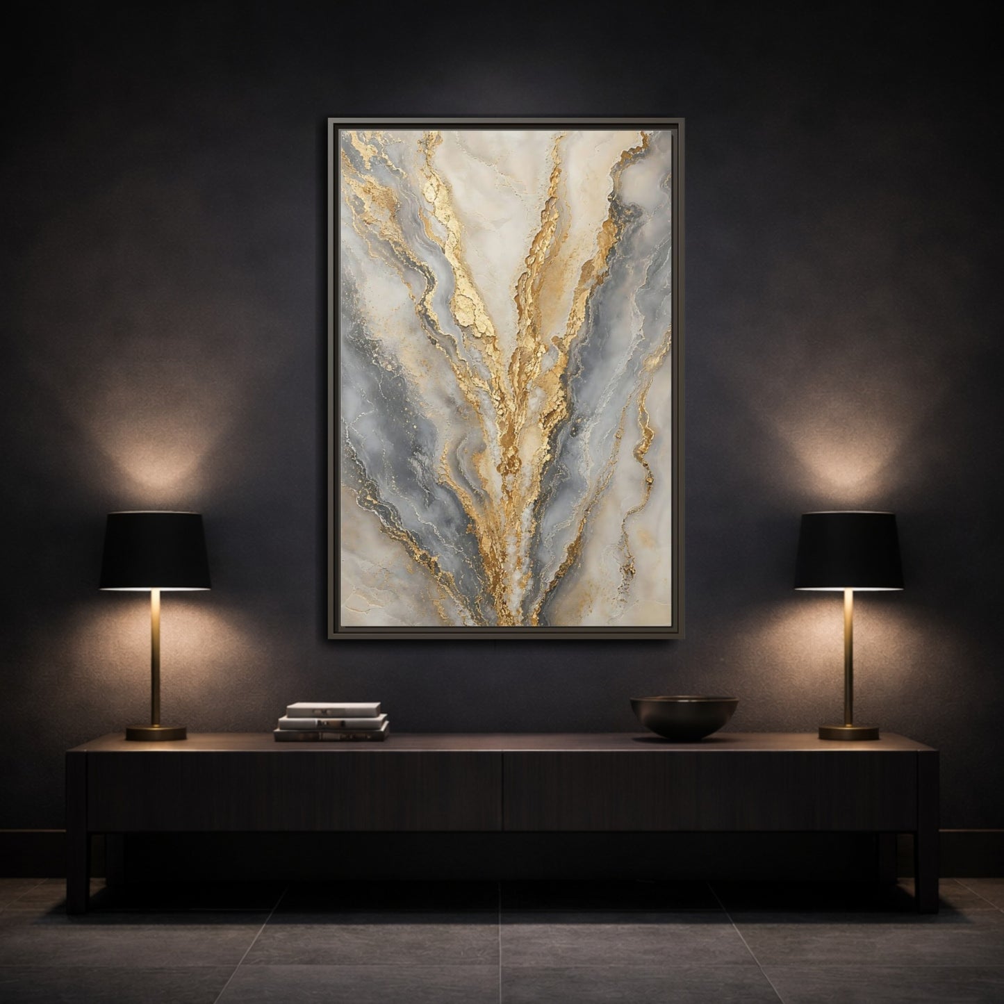 Mockup 3. Gilded Marble Veins shown as framed canvas print