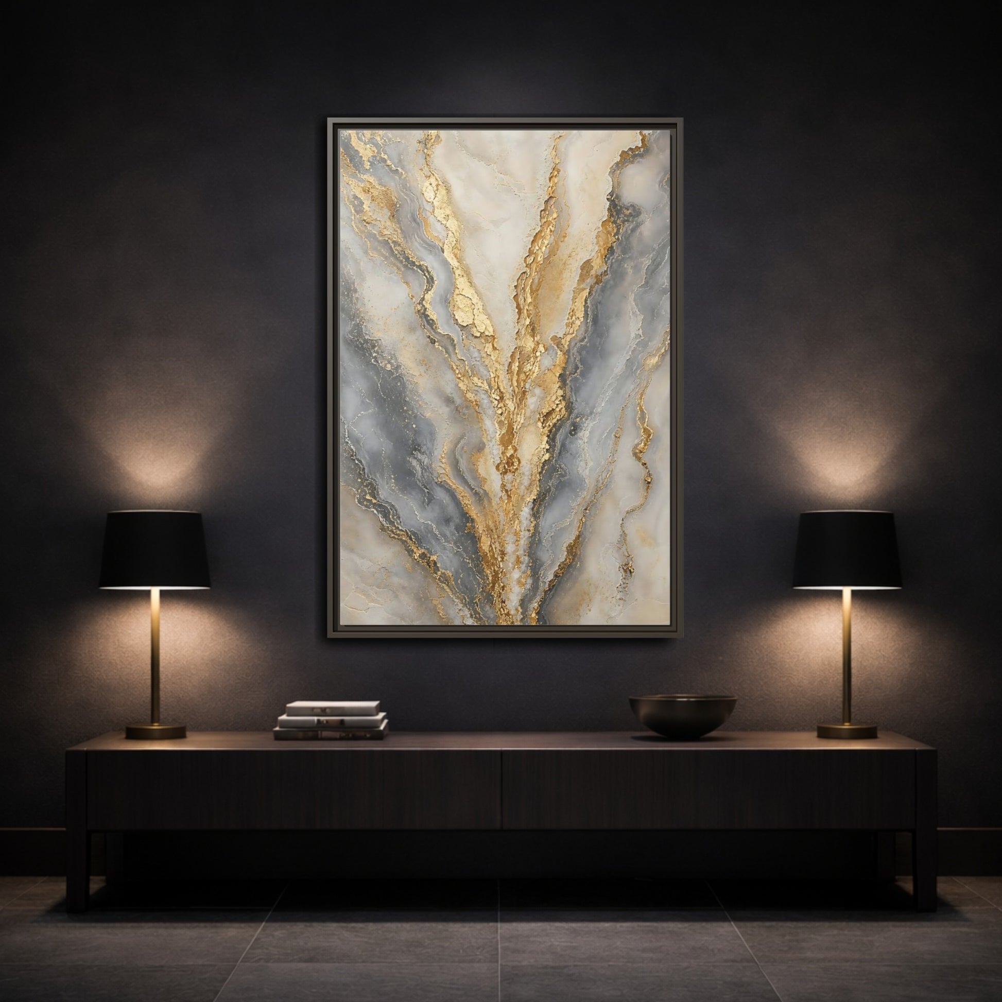 Mockup 3. Gilded Marble Veins shown as framed canvas print