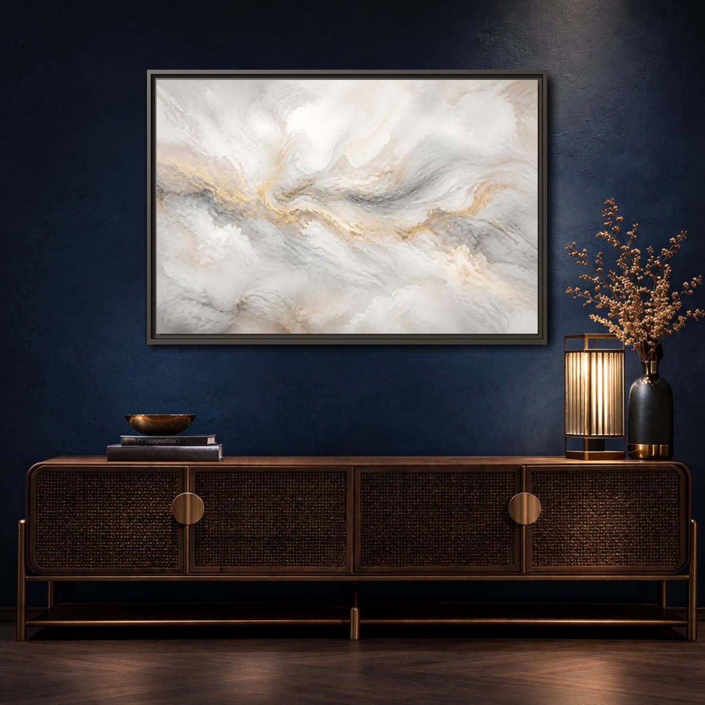 Mockup 4. Gilded Mineral Flow shown as framed canvas print