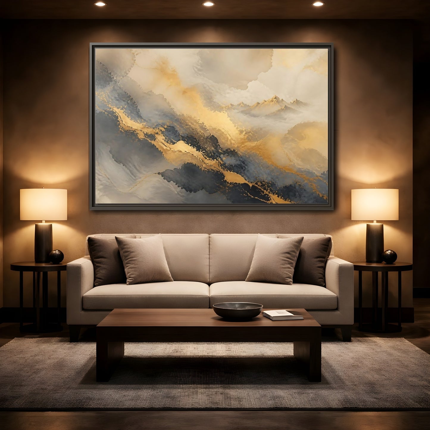 Mockup 2. Gilded Mountain Mist shown as framed canvas print