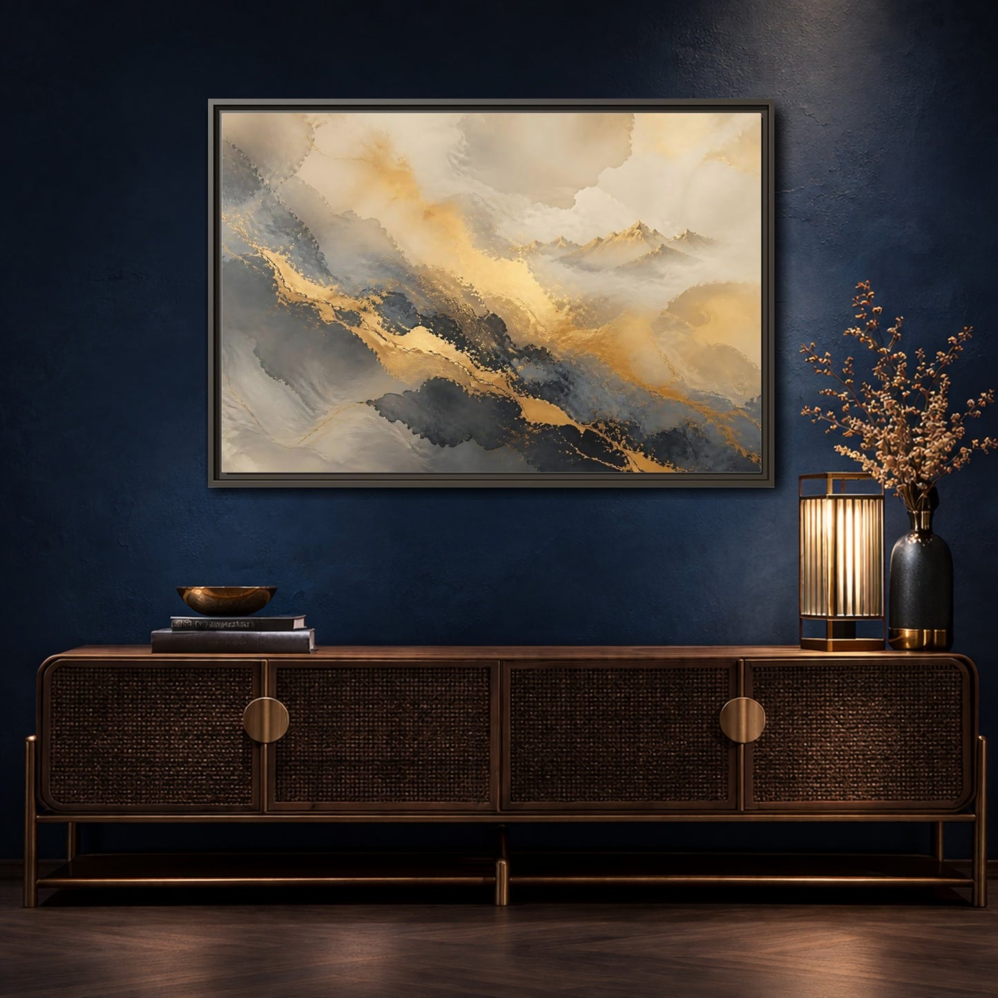 Mockup 4. Gilded Mountain Mist shown as framed canvas print