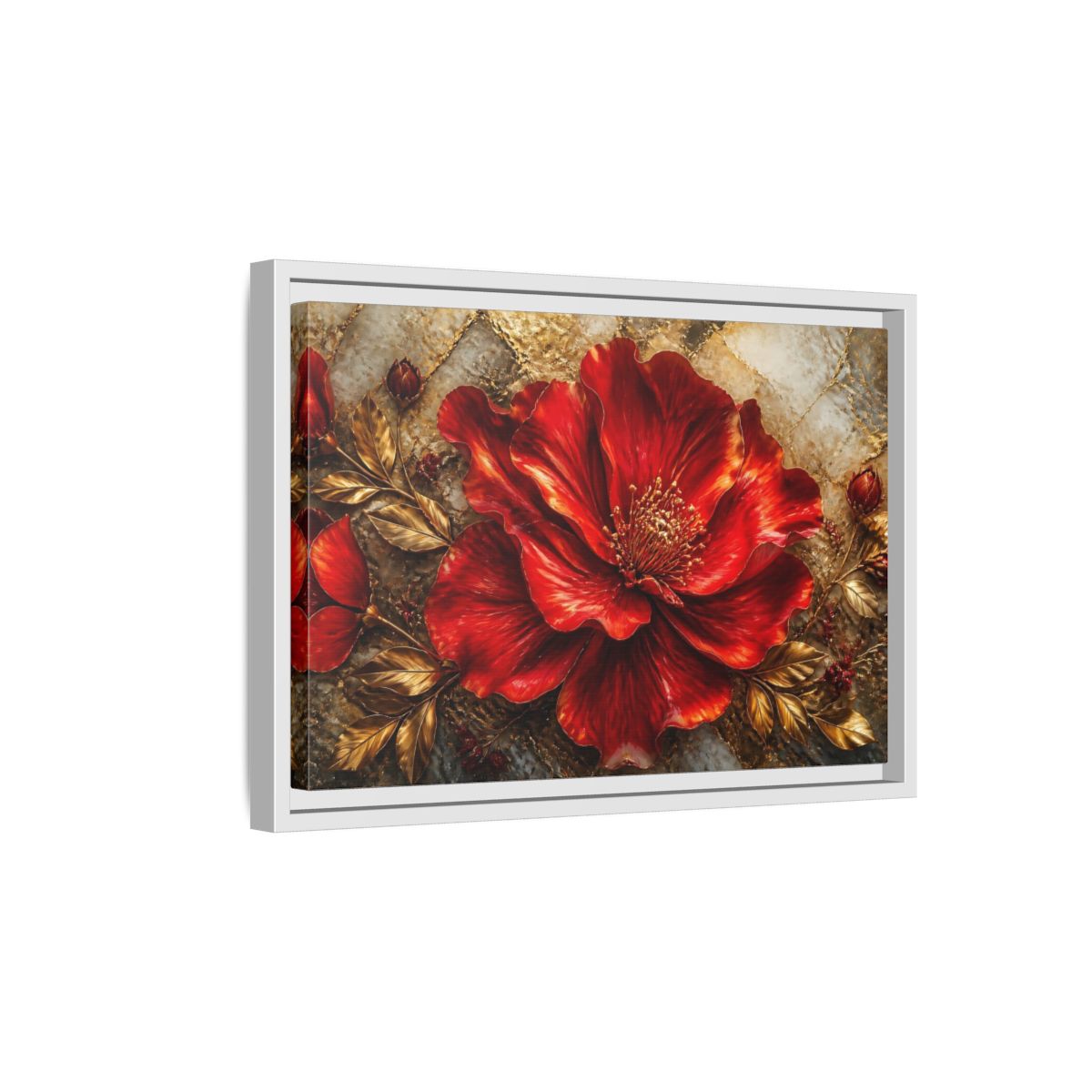 Side Mockup 4. Gilded Ruby Blossom shown as framed canvas print