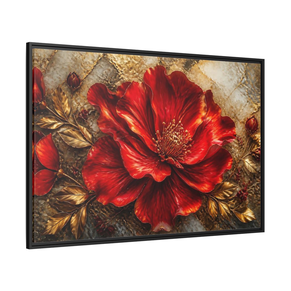 Side Mockup 12. Gilded Ruby Blossom shown as framed canvas print