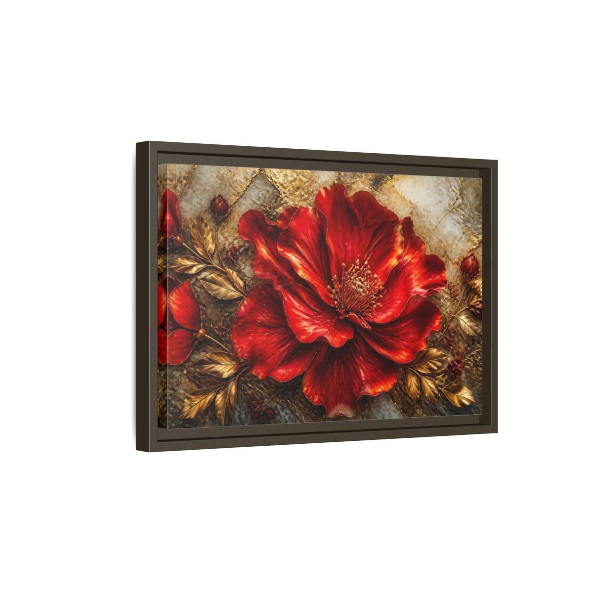 Side Mockup 5. Gilded Ruby Blossom shown as framed canvas print