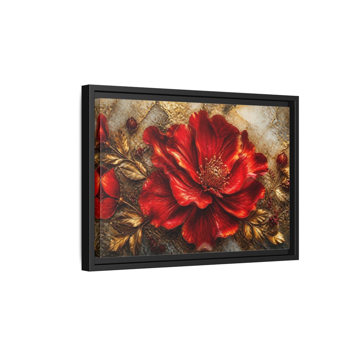 Side Mockup 6. Gilded Ruby Blossom shown as framed canvas print