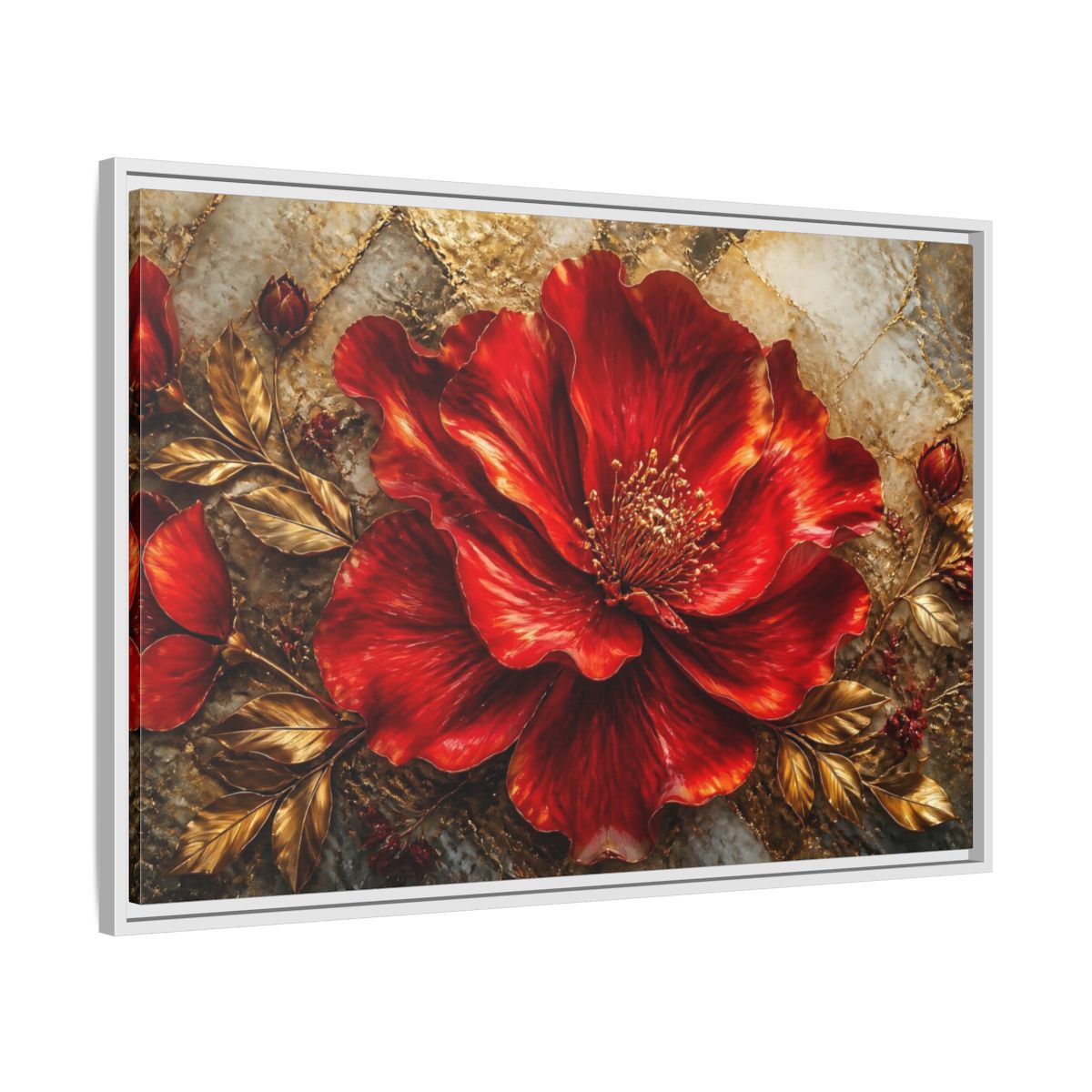 Side Mockup 9. Gilded Ruby Blossom shown as framed canvas print