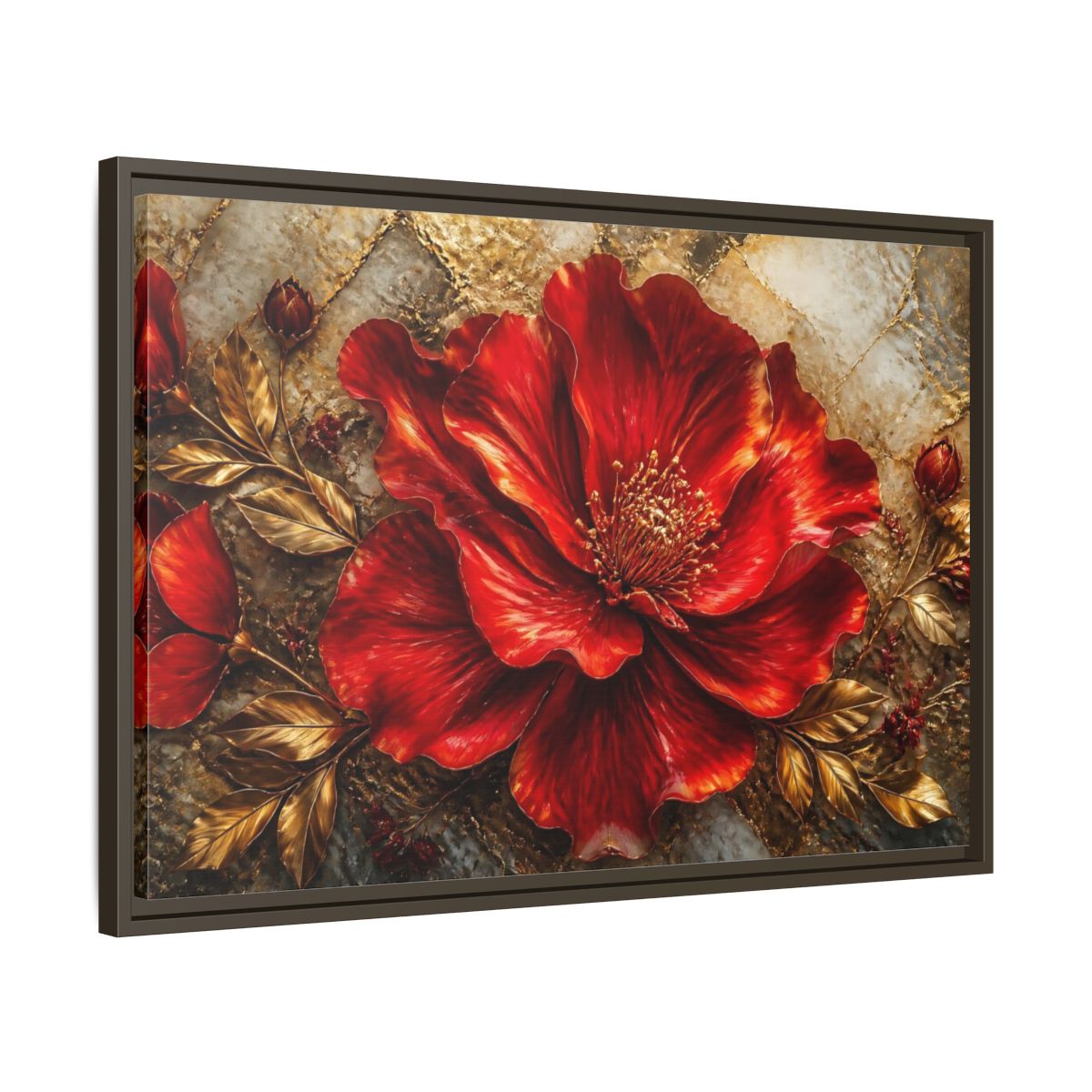 Side Mockup 11. Gilded Ruby Blossom shown as framed canvas print