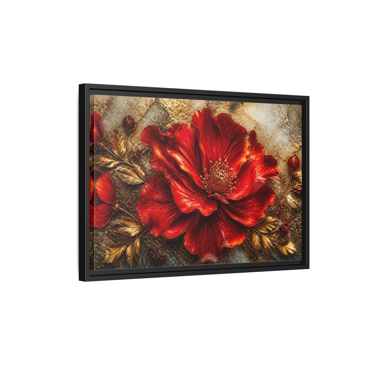 Side Mockup 3. Gilded Ruby Blossom shown as framed canvas print