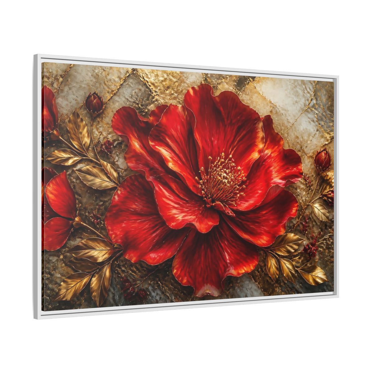 Side Mockup 7. Gilded Ruby Blossom shown as framed canvas print